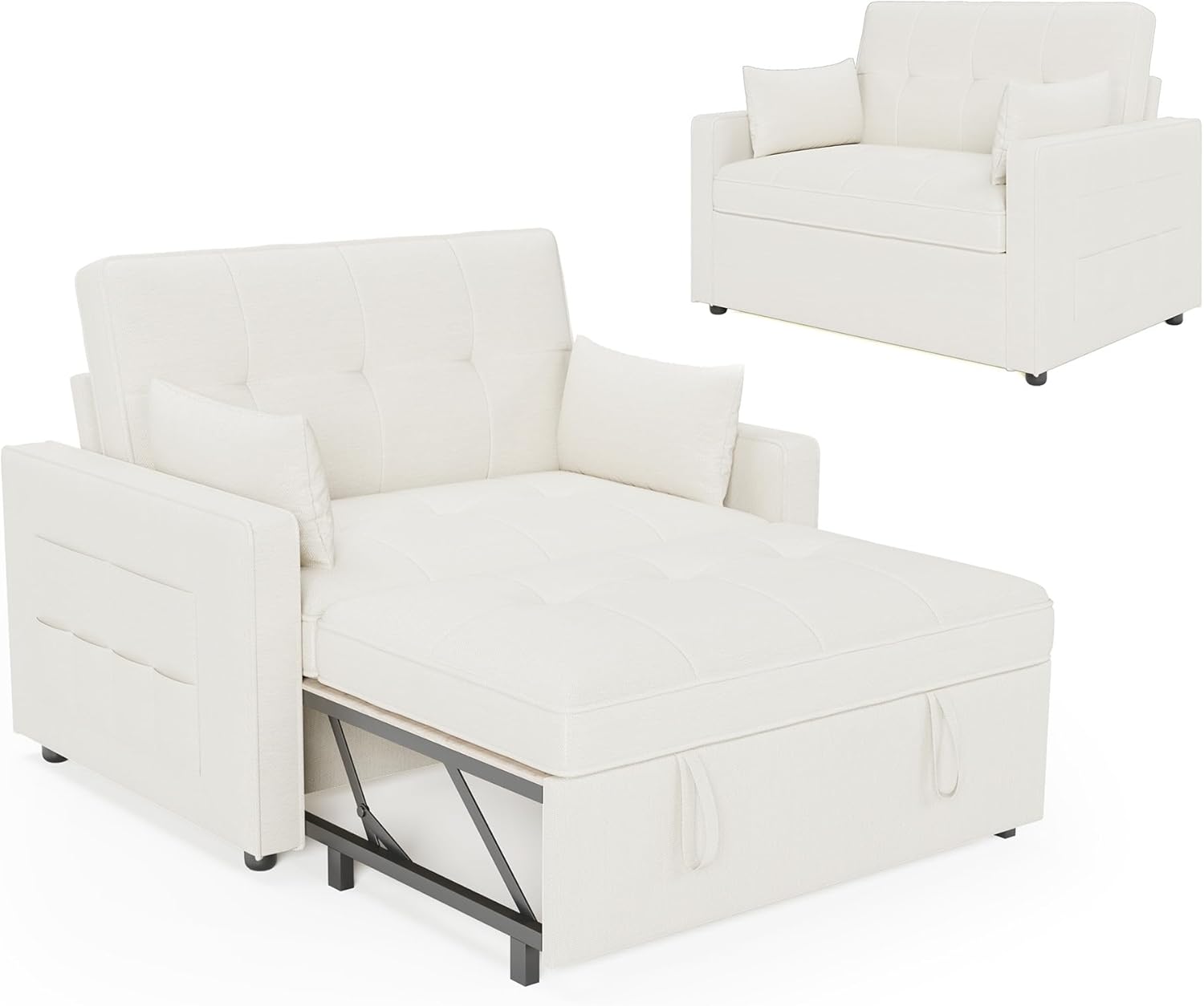 Schlafsofa 186 x 122 cm mit 5-stufig Verstellbarer Rückenlehne, 3-in-1 Schlafcouch mit Kissen und Seitentasche, cremeweißes Leinen-Sofa für Gästezimmer  und  kleine Räume