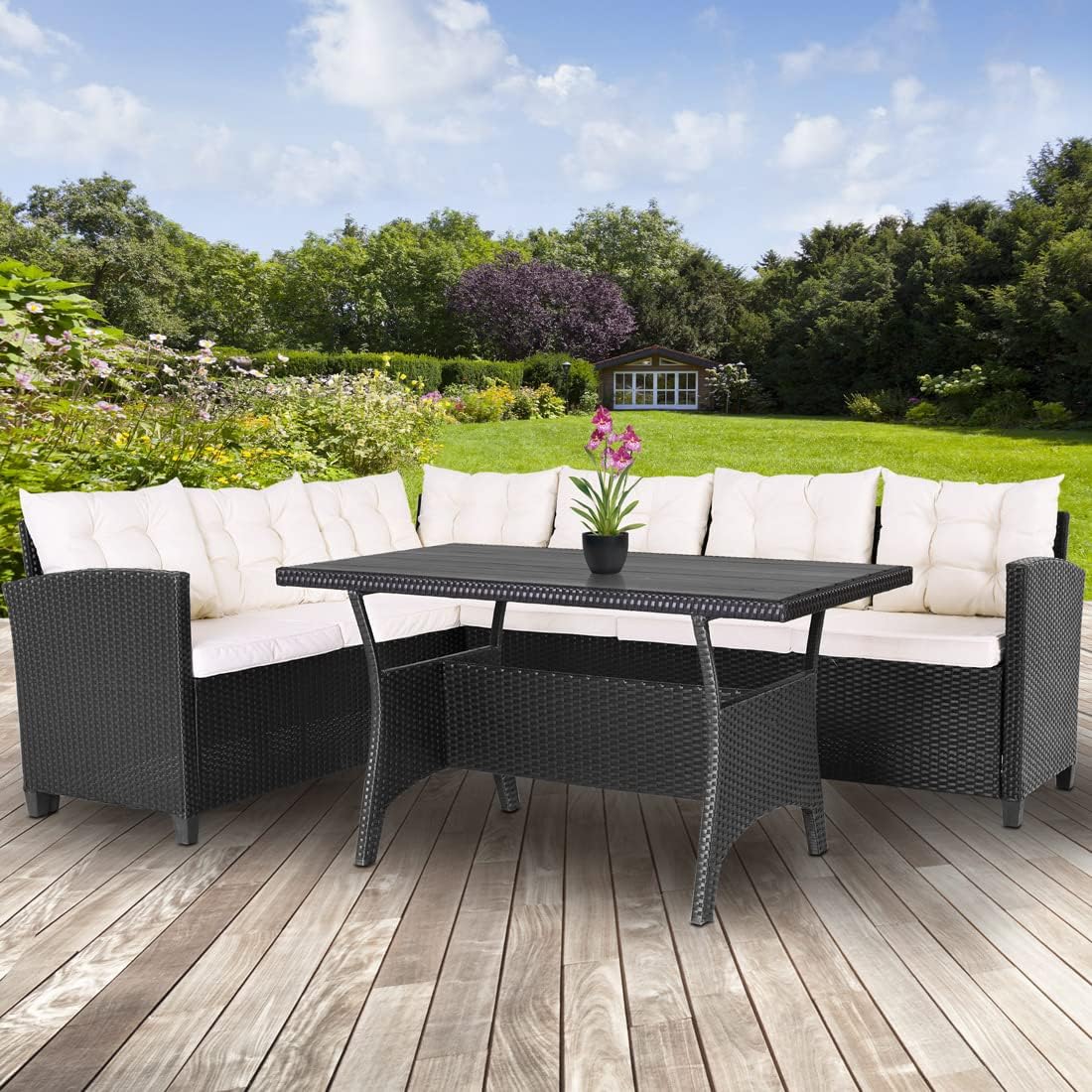 Casaria® Polyrattan Ecklounge Set WPC Esstisch Ecksofa inkl. 7cm Sitzauflagen 15cm Kissen Wetterfest Outdoor Lounge Garten Terrasse Balkon Möbel Schwarz