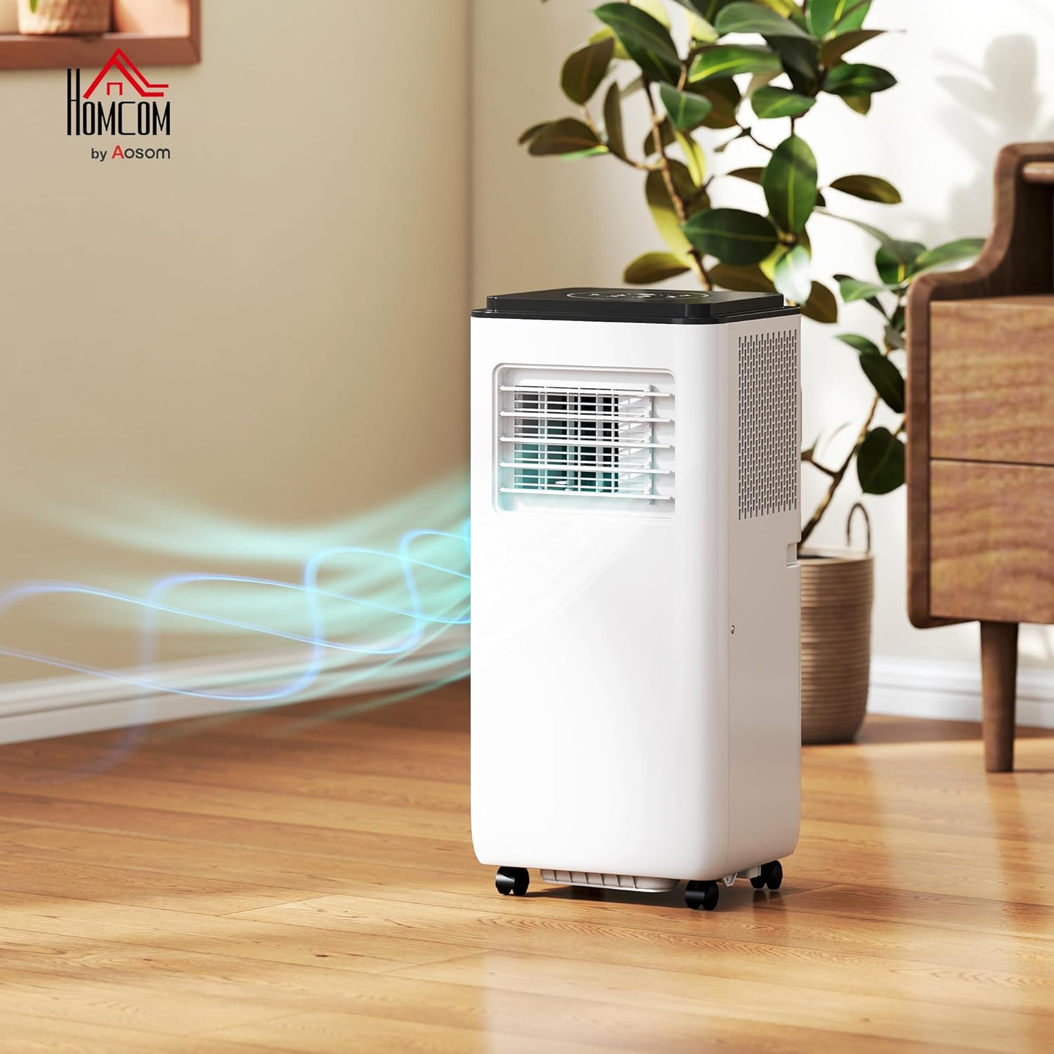 HOMCOM Aire Acondicionado Móvil 9000BTU 2,6 KW, Aire Acondicionado Portátil 5 en 1 Refrigeración, Deshumidificador, Ventilador, Automático, Modo Nocturno, Control Remoto 2 Velocidades, Temporizador