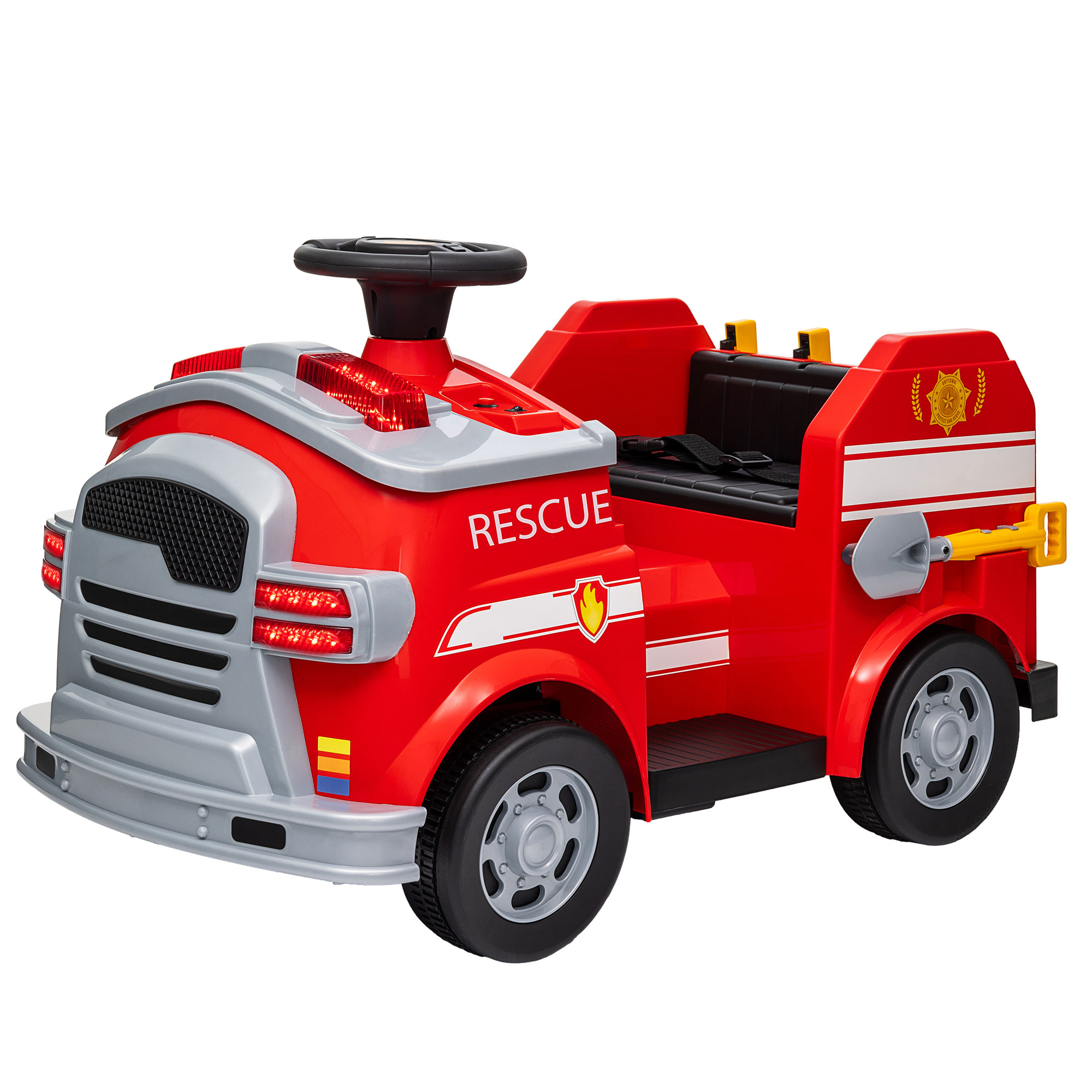AIYAPLAY Brandweerauto, Elektrische Kinderauto, max. 3 km/u, Sirene, Zwaailicht, Gereedschap, voor Kinderen 3-5 Jaar