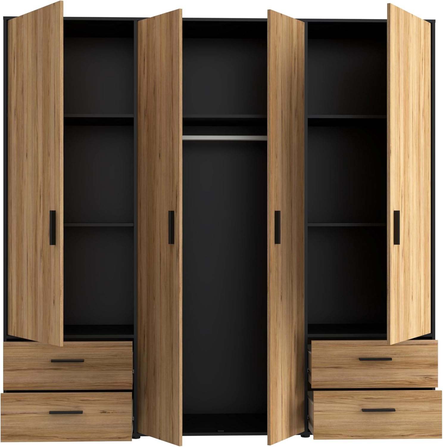 FORTE Jupiter Schrank 200 210, Kleiderschrank, Drehtürenschrank, 4-türig, mit 4 Schubladen und Einlegeböden, Schwarz mit Holz Dekor: Catania Eiche, 206 cm breit x 53 cm tief x 200 cm hoch