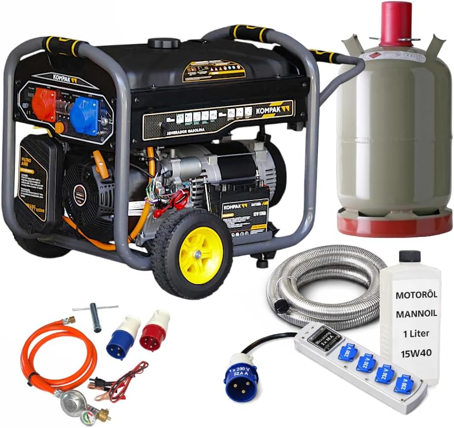 Dual Fuel Strom-Generator 10 kVA | KOMPLETT-SET – Benzin & Propangas Notstromaggregat 230/400 V – fahrbar inkl. 4er-Steckerleiste, Gasflasche & Zubehör