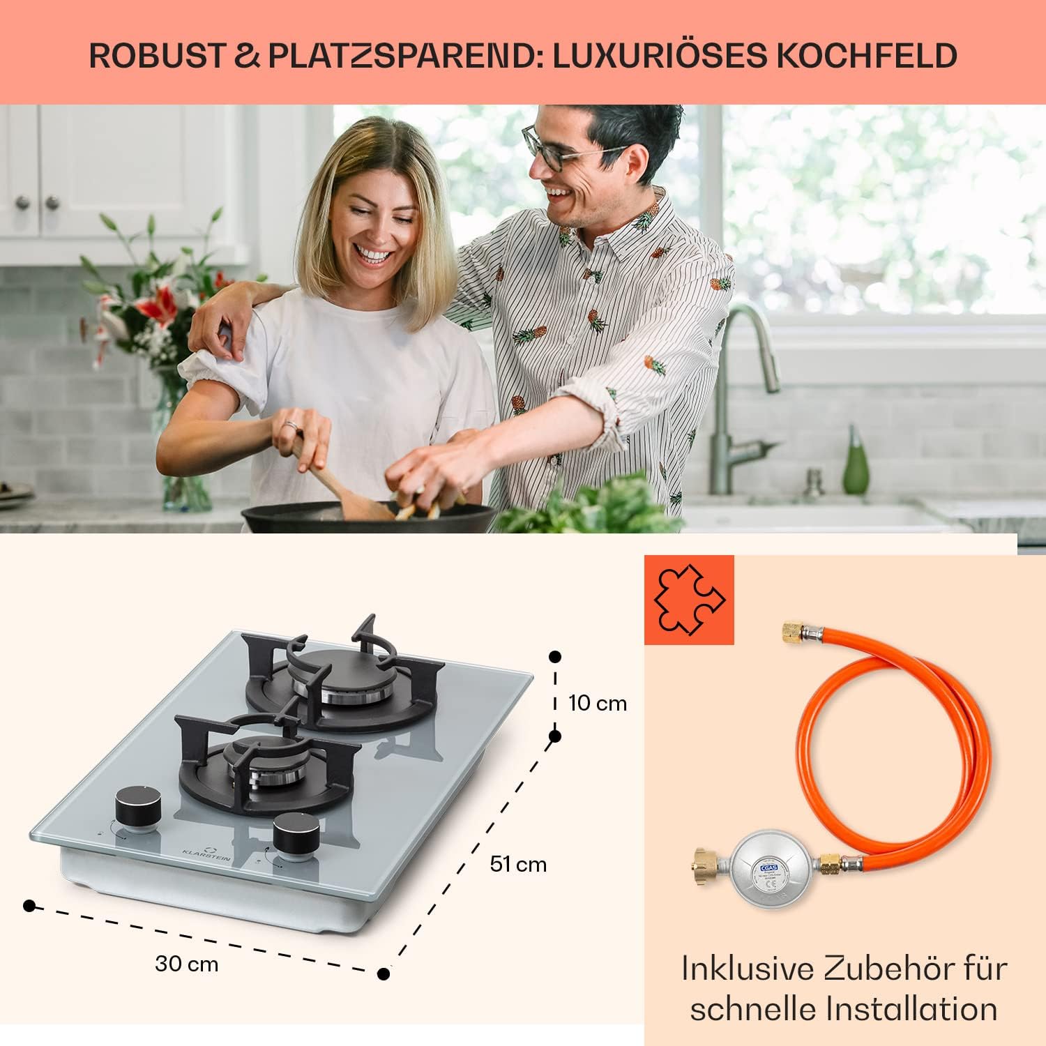 Klarstein Gasherd, Einbau-Gasherd für Propan Gasflasche, Gaskochfeld 4 Flammig, Gasherd für Küche, Camping & Wohnmobil, 8000 W Kochplatte, LPG Gaskocher, Herdplatte für Propangas, Edelstahl Gas-Herd