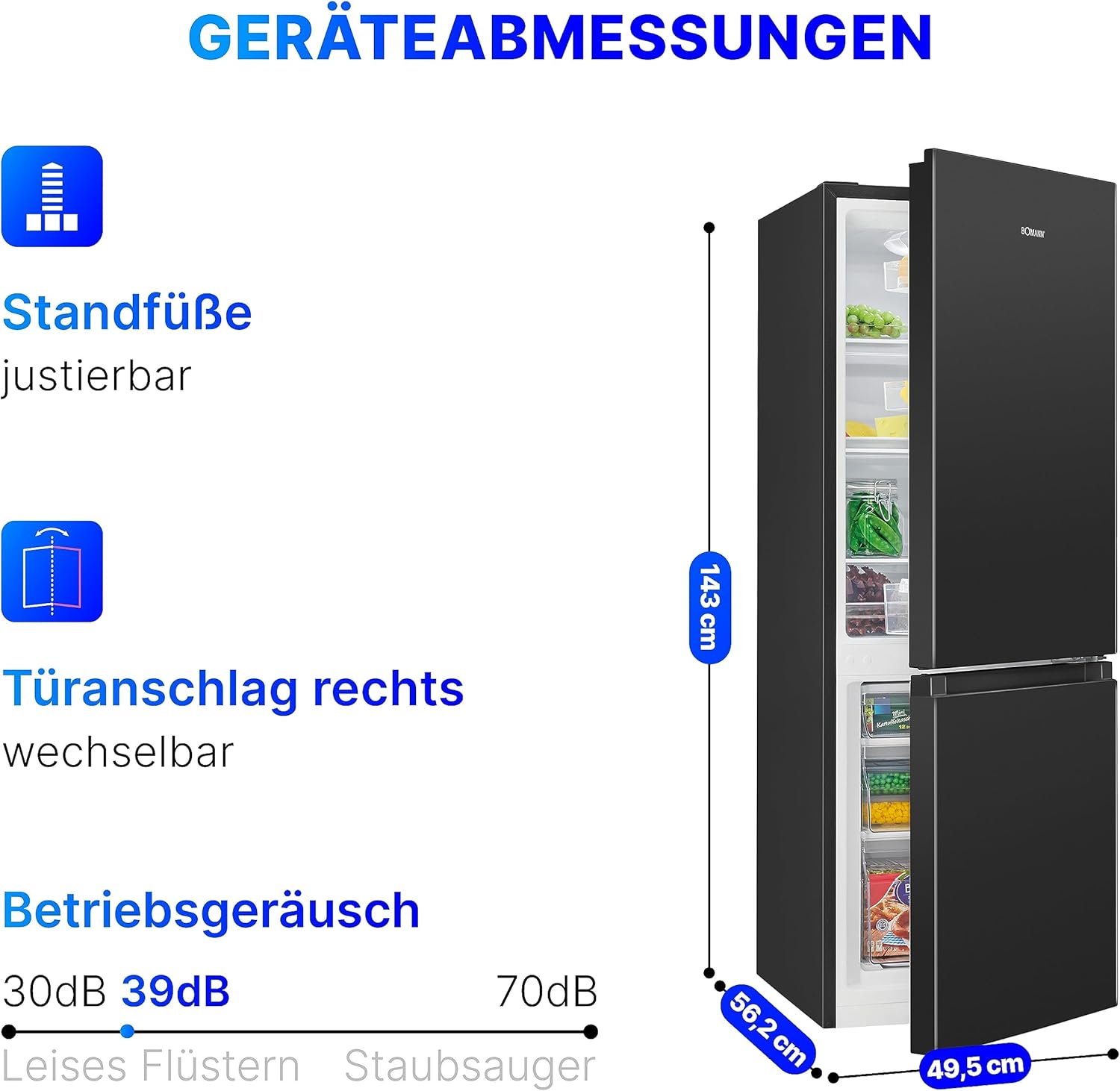 Bomann Fridge-Freezer KG 320.2, 143 cm High, Fridge-Freezer with 175 Litre Capacity, 3 Shelves and 3 Drawers, Door Stop Replaceable, Quiet Fridge-Freezer 39 dB, Black