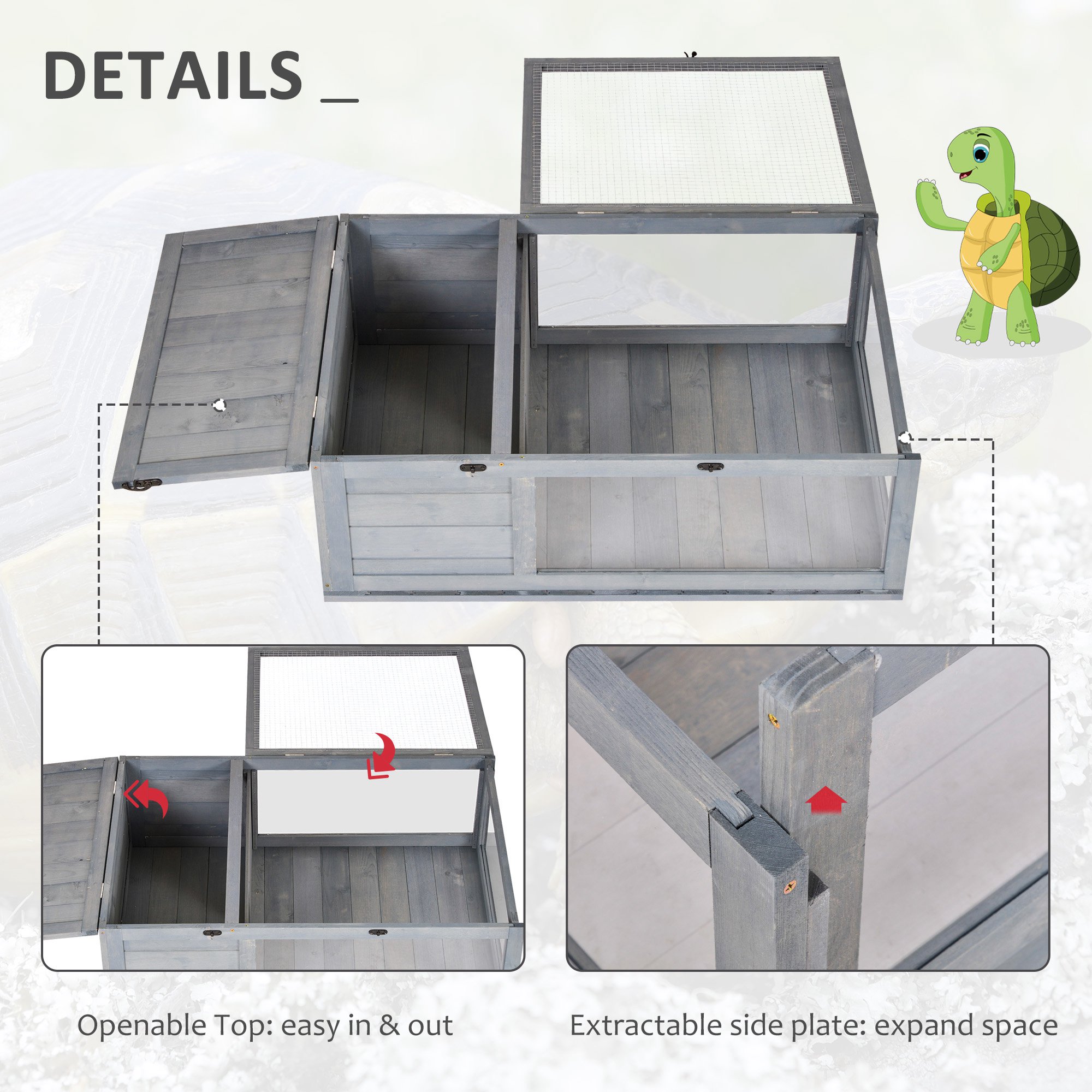 Schildpaddenverblijf van hout met opklapbare bovenkant 91x60,5x32 cm, Grijs