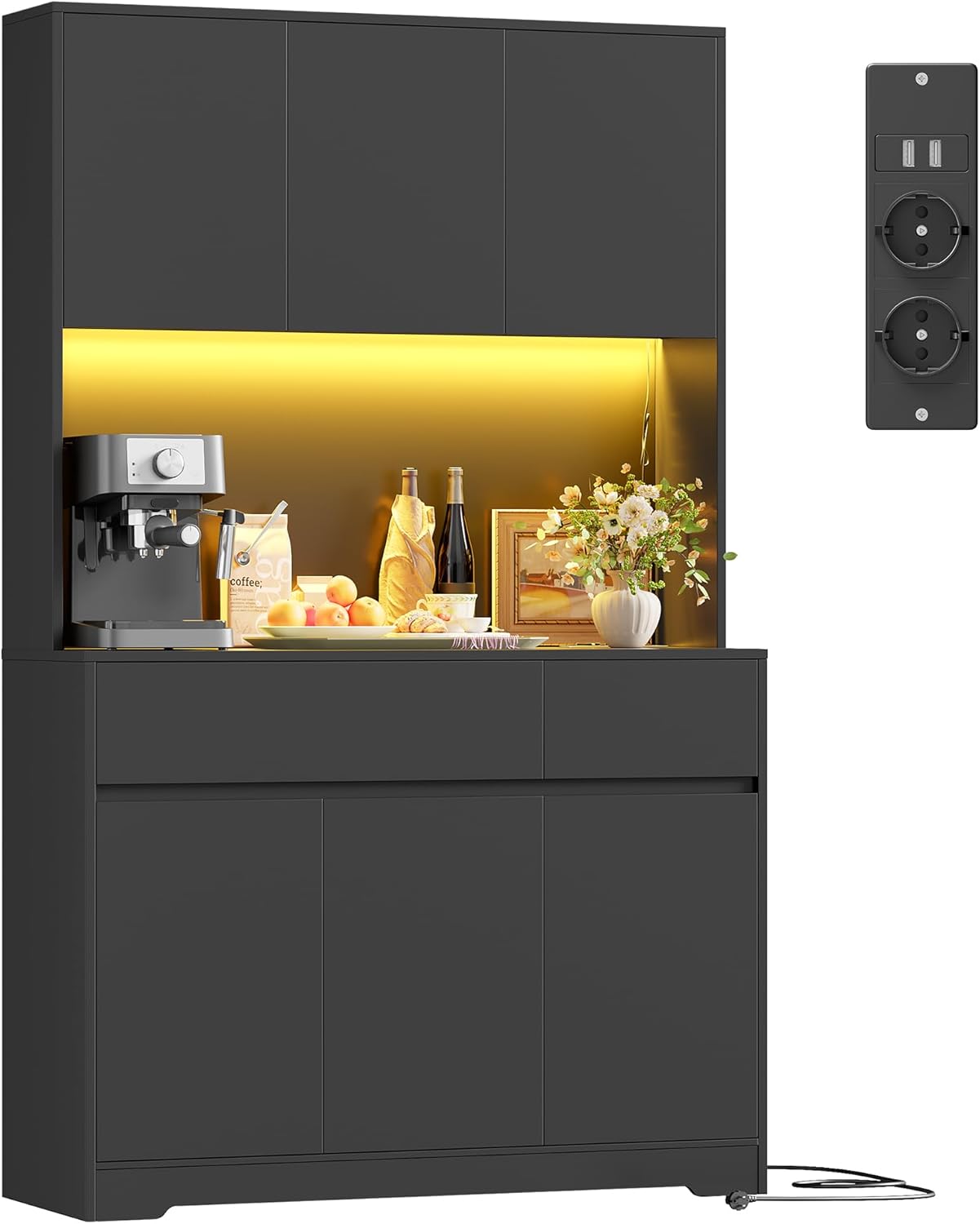FirFurd Küchenschrank Buffetschrank mit LED und Steckdose Küchenschrank mit Arbeitsplatte Sideboard für Küche Wohnzimmer Esszimmer Küchenbuffet 180x100x38,5cm schwarz