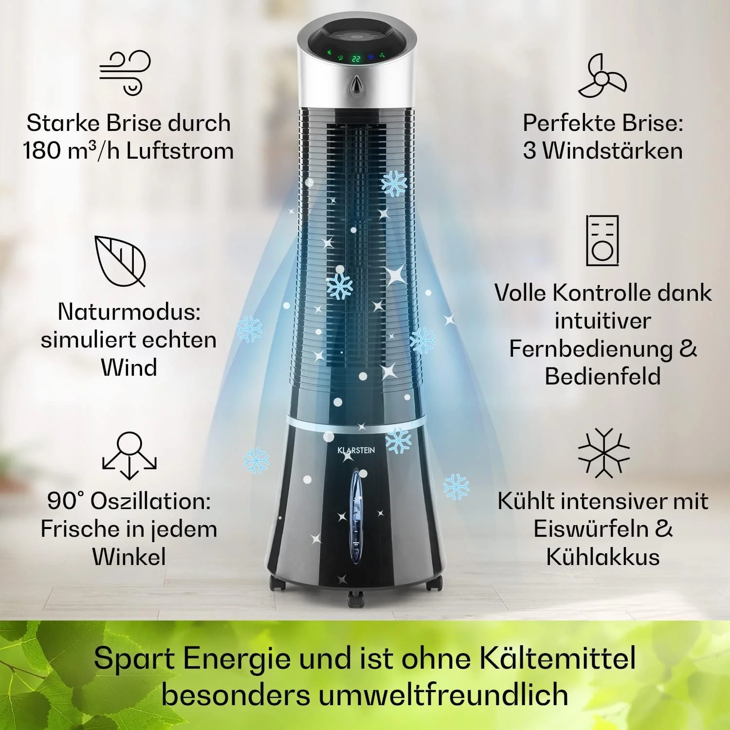 Klarstein 4-in-1: Slimme luchtkoeler, ventilator, luchtbevochtiger & ionisatie I 6 L watertank, oscillatie, 30 W, 210 m3/u, timer I Klimaatregelaar zonder afvoerslang, Mobiele airconditioner, Zwart-ros��goud