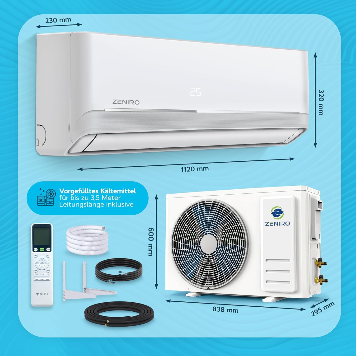 Klimanlage Split Klimagerät Set Air Conditioner mit Heizfunktion 24000 BTU 7,2kW A++ WiFi/App-Steuerung 4D AirFlow Auto Reinigung inkl. Montagematerial Vorgefüllt R32