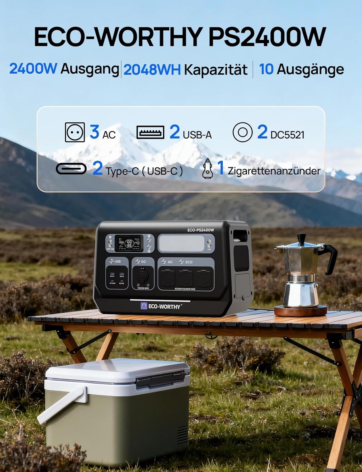 ECO-WORTHY PS2400W Powerstation 2048Wh LiFePO4 Batterie, Solar Generator mit 10 Anschlüssen (4800W Peak) WLAN- und Bluetooth-Funktion für Wohnmobile, Camping, Notfall und Zuhause