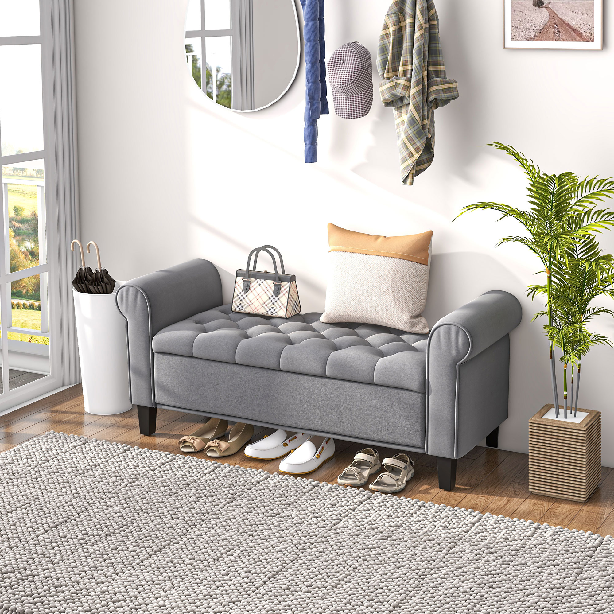 Zitbank Polsterbank Bedbank, Knoopstiksel, Fluweelachtige Afwerking, 126 cm x 48,5 cm x 57 cm, Grijs