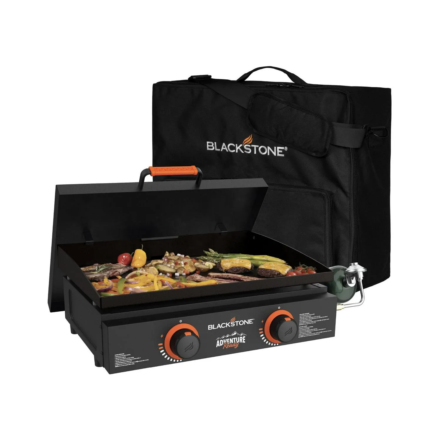 Blackstone Adventure Ready 22��� Propane Griddle Gift Bundle, Black �C Includes Griddle, Hardcover, Carry Bag, 24,000 BTU Burners, Rear Grease System