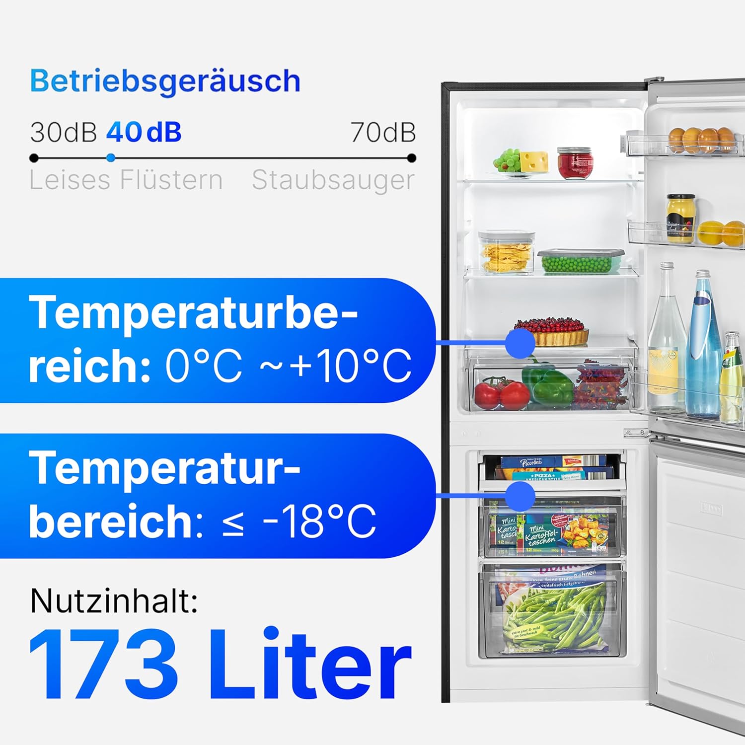 Bomann® Kühlschrank mit Gefrierfach | Energieklasse C | 143cm | Kühl Gefrierkombination leise 40 dB | 3 Ablagen & 2 Schubladen | Türanschlag wechselbar | 173L Kühlgefrierkombi | KG 7359 schwarz-inox