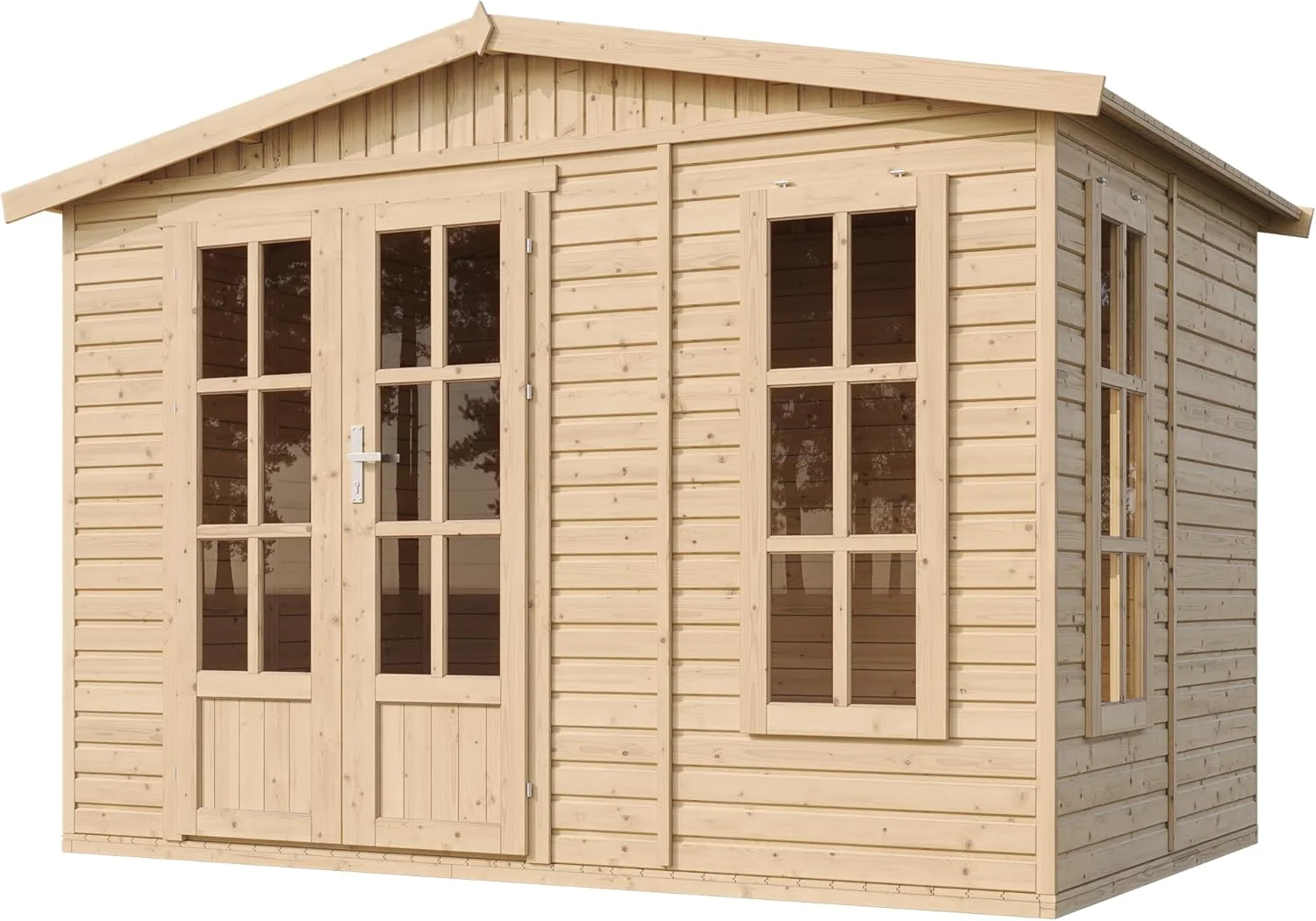 TIMBELA Caseta de jardín de Madera de 6 m2 - Cobertizo Jardin Exterior con Suelo, Ventana, Puerta Doble - Cabaña de jardín para Trabajar en casa - con Tejas bituminosas Verde M334FB+H334FBGREEN