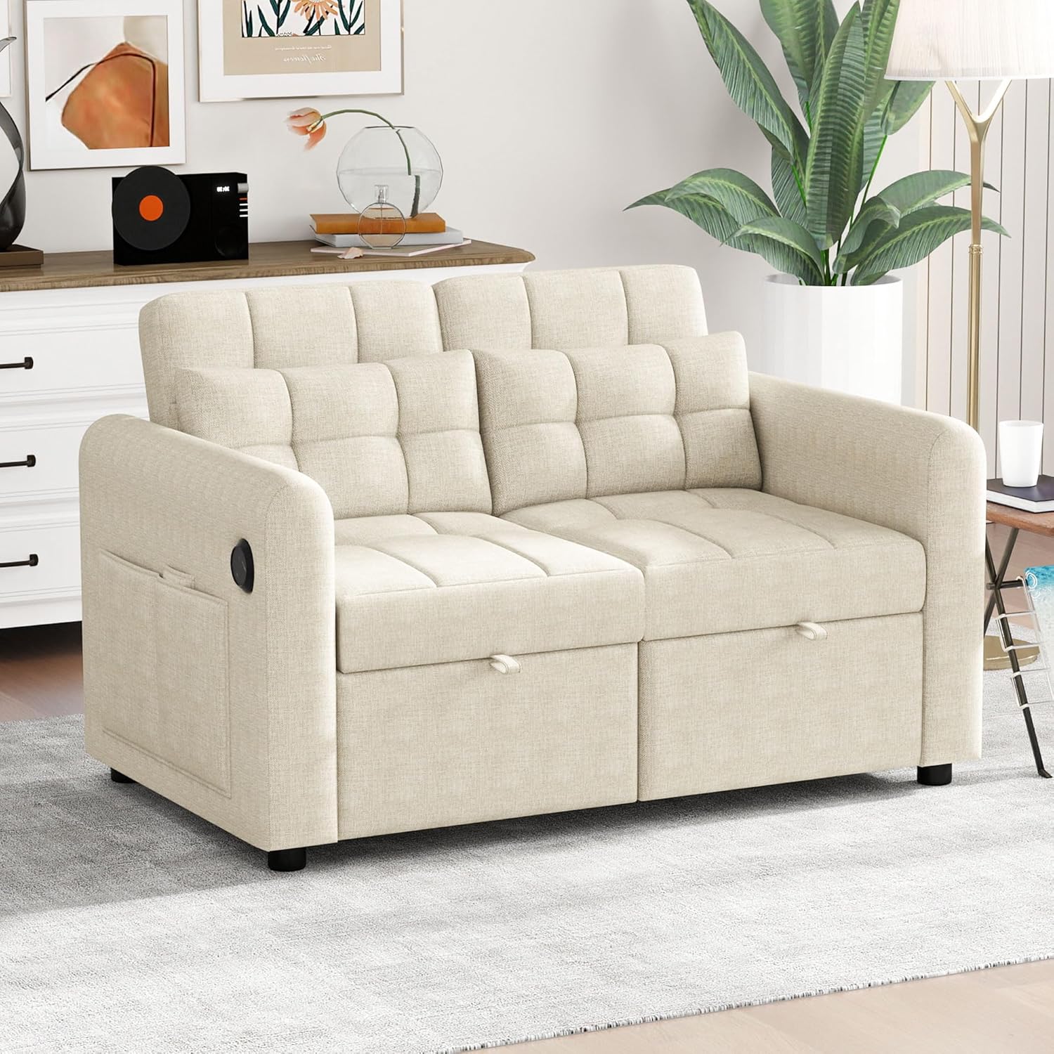 Loveseat-Sofa, 3-in-1-Ausziehsofa mit Verstellbarer Rückenlehne, USB, Armlehnentaschen und Kissen. Geeignet für Wohnzimmer, Schlafzimmer, Wohnung Usw.，Beige