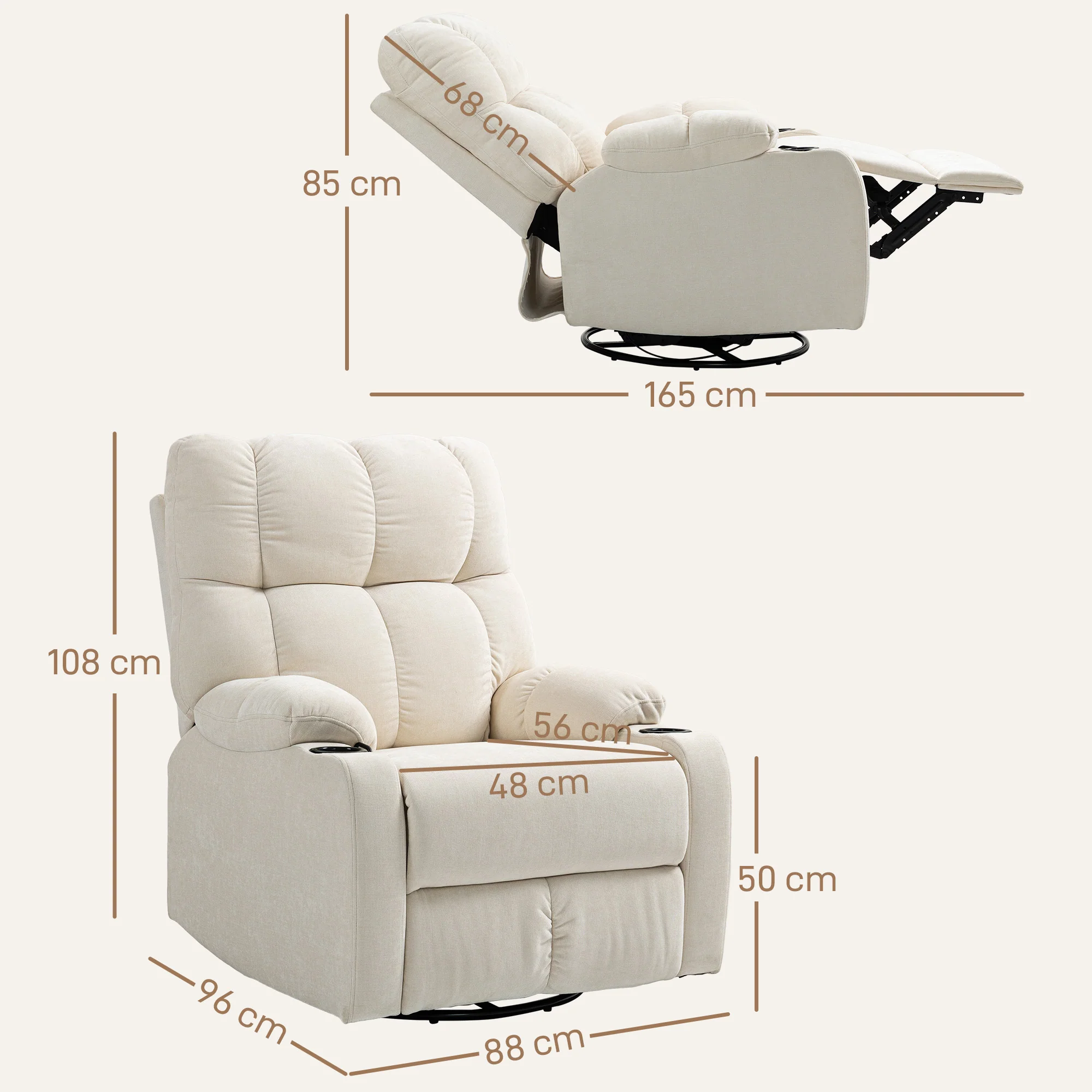 HOMCOM Relaxstoel met Voetensteun, Ligstoel, Draaibaar tot 150 kg, Stalen Frame, 88x96x108cm, Beige