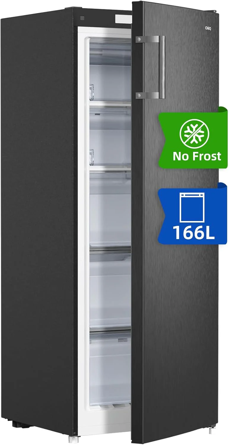 CHiQ FSD166NE4E Vriezer 166 L, No Frost-technologie, Omkeerbare deur, Zwart roestvrij staal, 144 cm hoogte