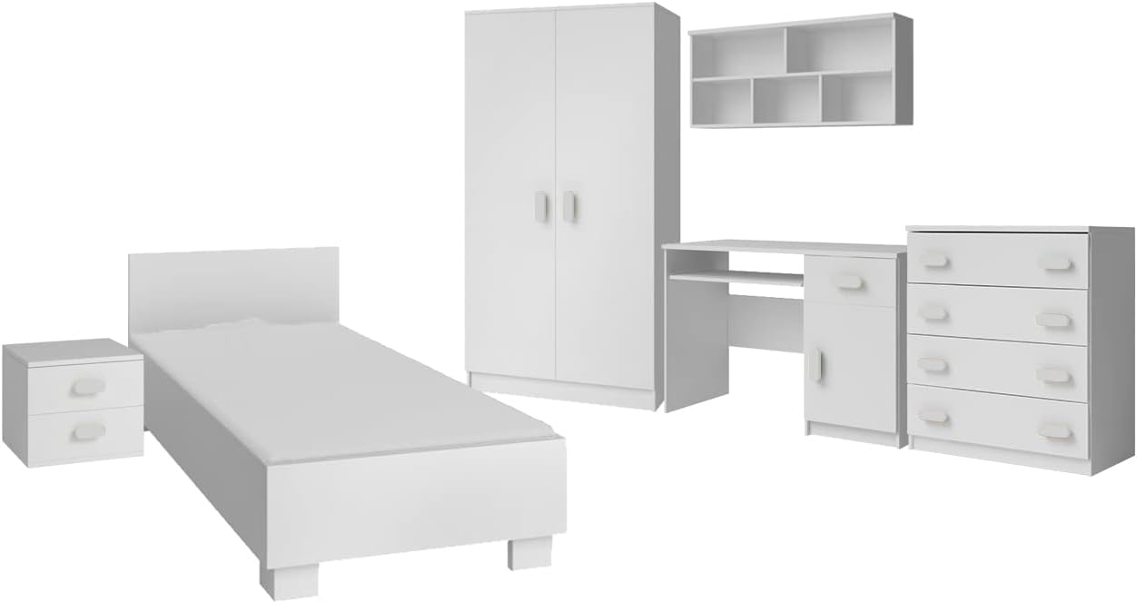 Fabryka Mebli Idźczak Kinderzimmer-Set Jonas I 01 - Schrank, Bett, Wandregal, Kommode, Schreibtisch, Nachttisch - Kleiderschrank - Skandinavischer Stil, Modern Design - Weiß