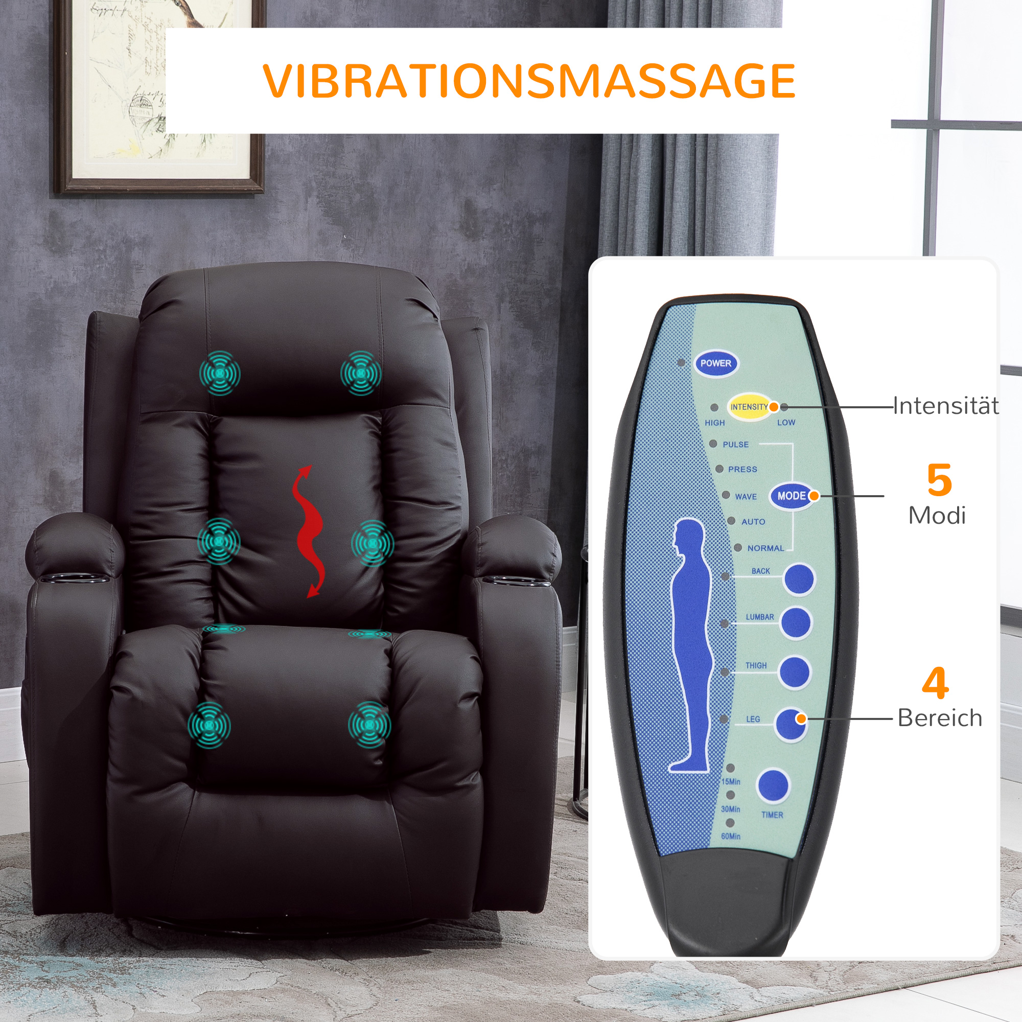 Massagestoel, relaxstoel, schommelfunctie, 8 vibratiepunten, inclusief afstandsbediening, Koffiebruin