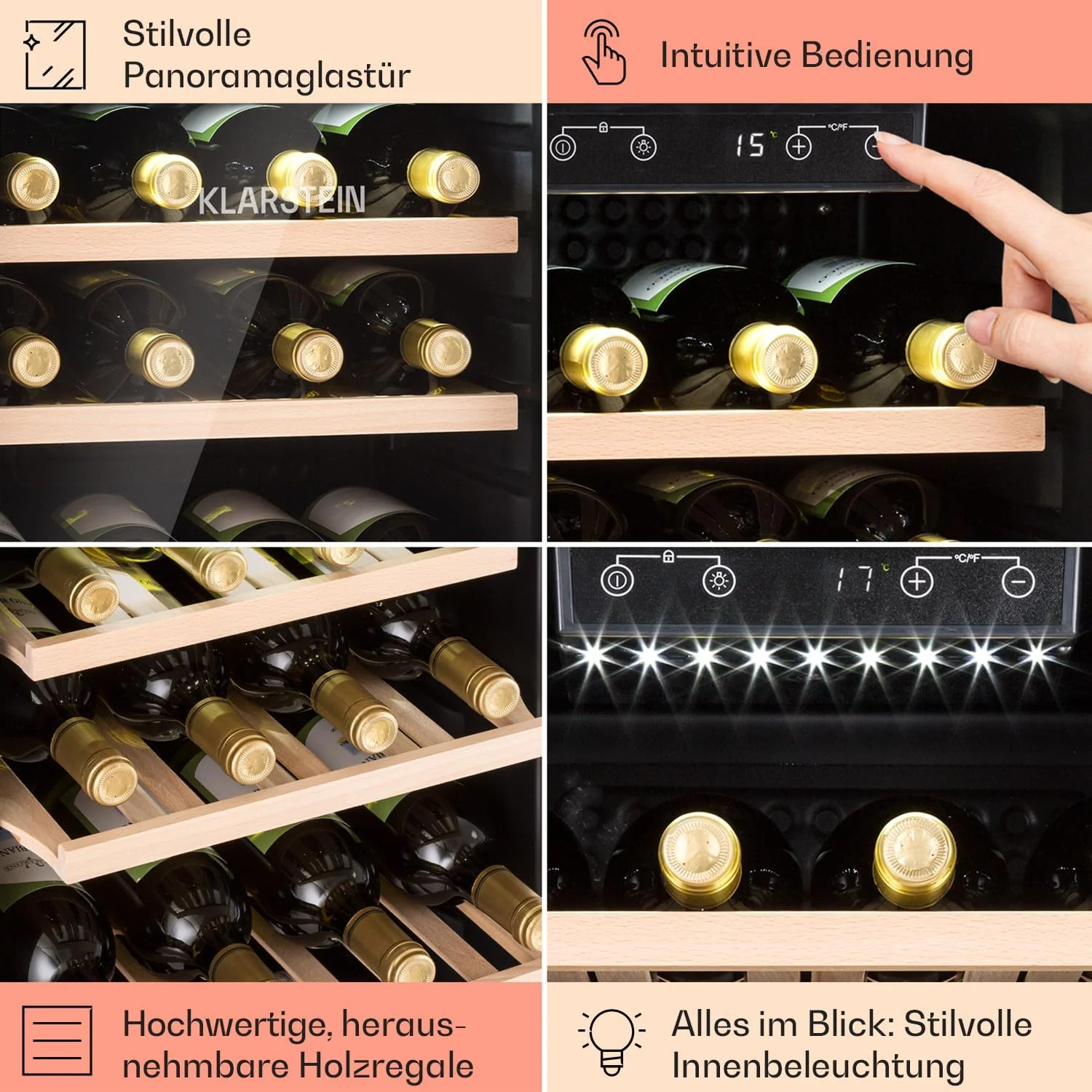 Klarstein Weink��hlschrank, Getr?nkek��hlschrank Schmal, K��hlschrank mit Glast��r, Getr?nkek��hlschr?nke Freistehend, Weink��hlschrank Klein, Weink��hlschr?nke 1 Zone, UV-Schutz, 4-22 ��C, 19 Flaschen