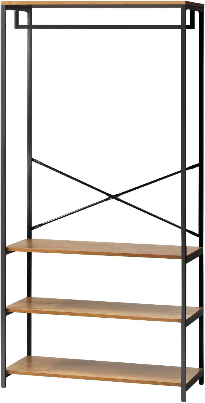 OIKITURE Industrial Metal Wardrobe with Shelves & Hanging Rail, Black and Oak Finish, 80x40x168cm
