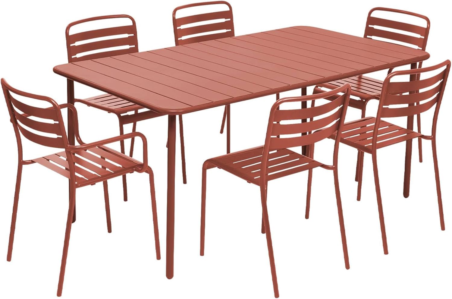 sweeek - Gartentisch + 2 Sessel und 4 Stühle, Stahl mit Rostschutzbehandlung, 160 x 90 x H 72,5cm - Amelia