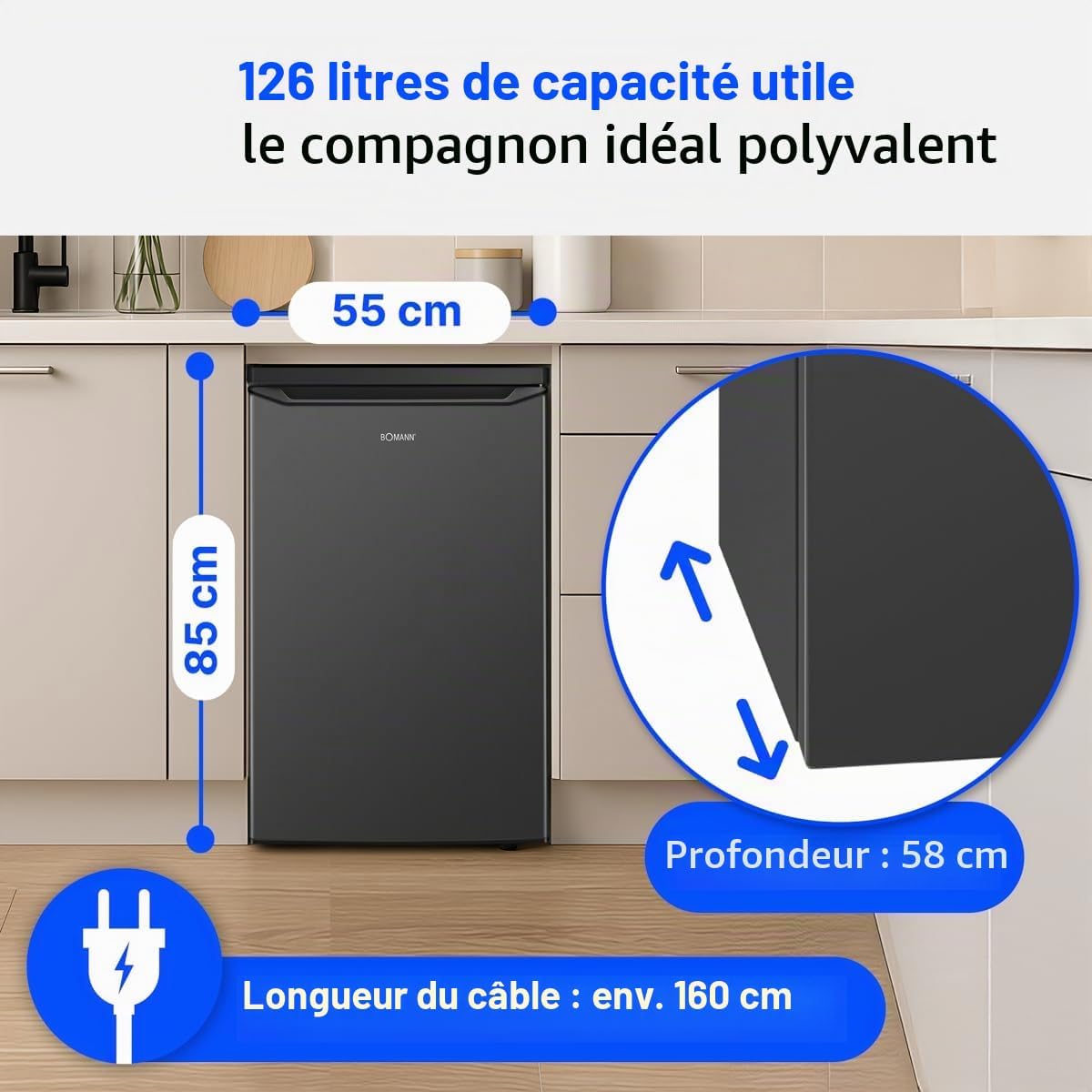 Bomann Réfrigérateur 126 L VS 7258, Classe C, Éclairage LED, Noir | réfrigérateur pose libre, éclairage LED, clayettes en verre, contrôle de la température