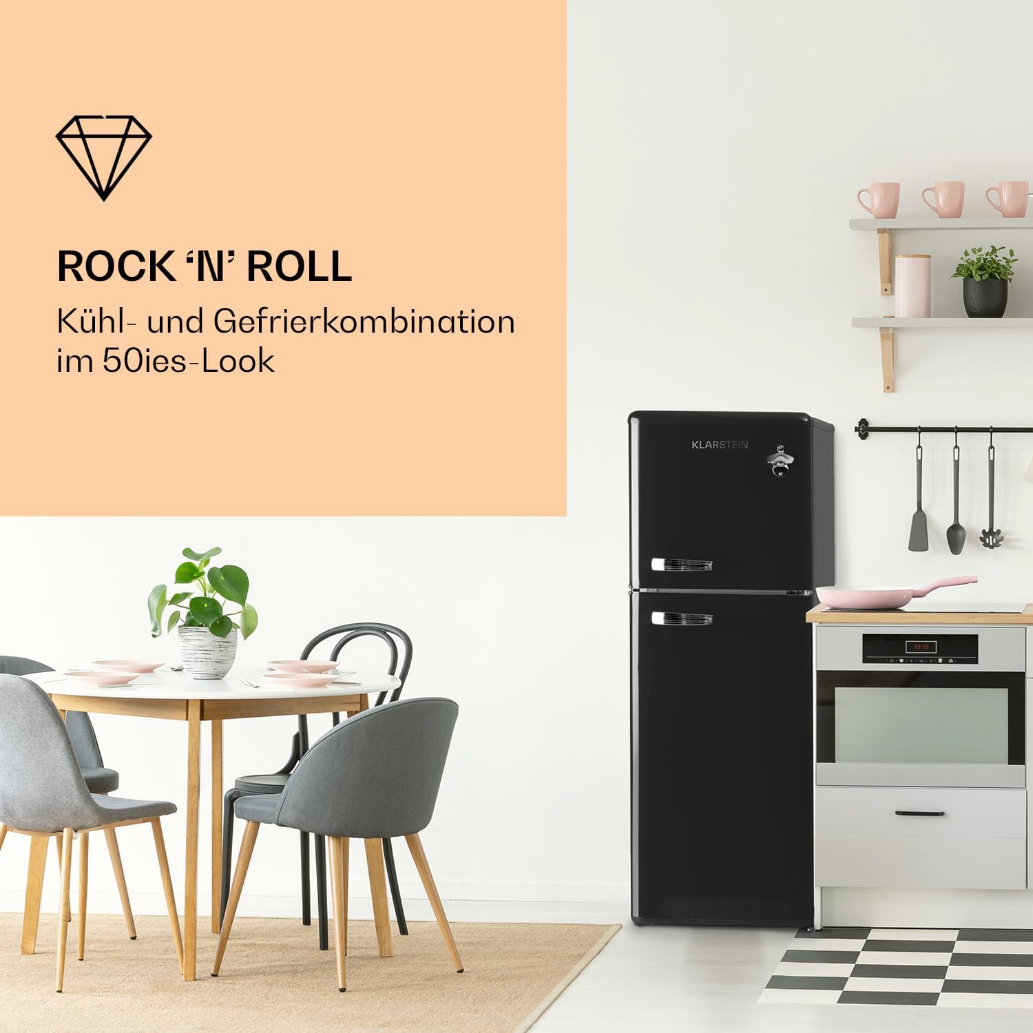 Klarstein Audrey Retro – Retro-Kühl-/Gefrierkombination, Kühl- und Gefrierschrank, Kühlschrank, stufenlos einstellbare Kühlleistung, Innenbeleuchtung, 41 dB Betriebsgeräusch, Schwarz