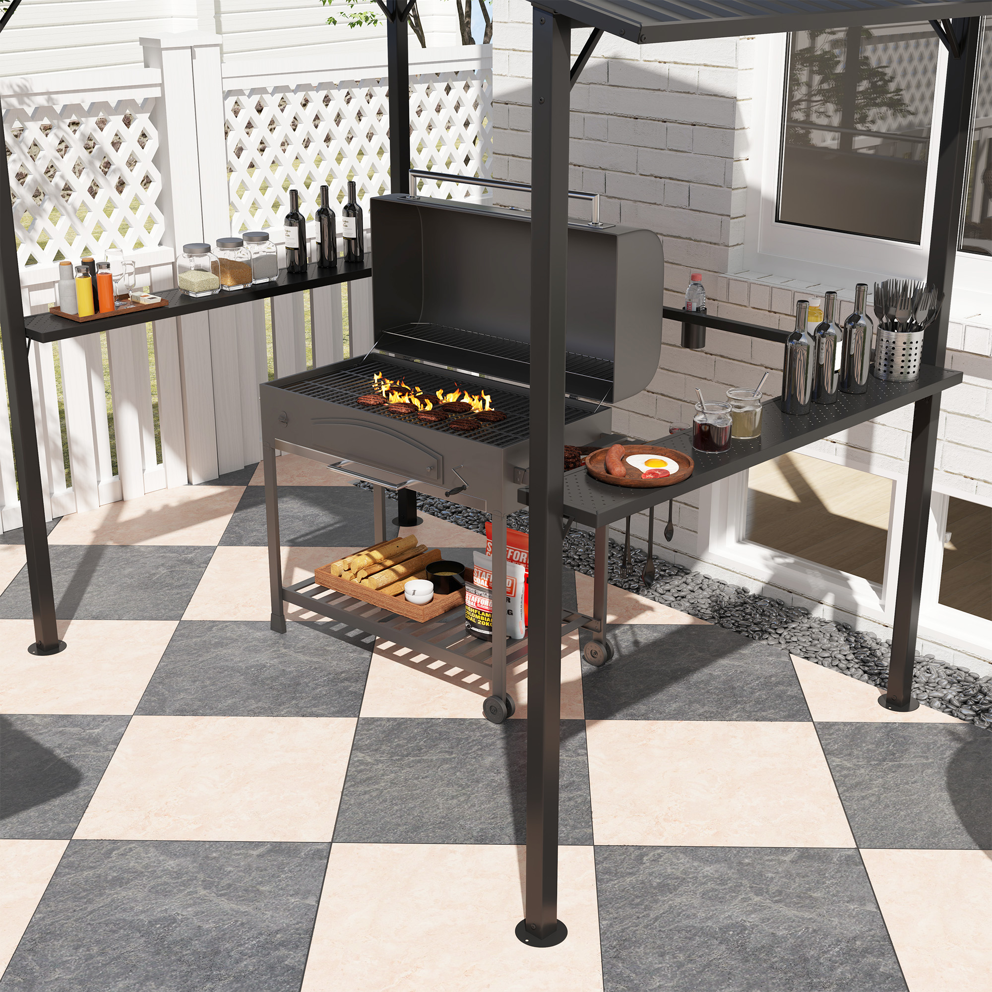 Grillpaviljoen 250 x 160 x 250 cm Waterdicht Tuinpaviljoen met Dubbellaagdak en Zijplanken, Zwart