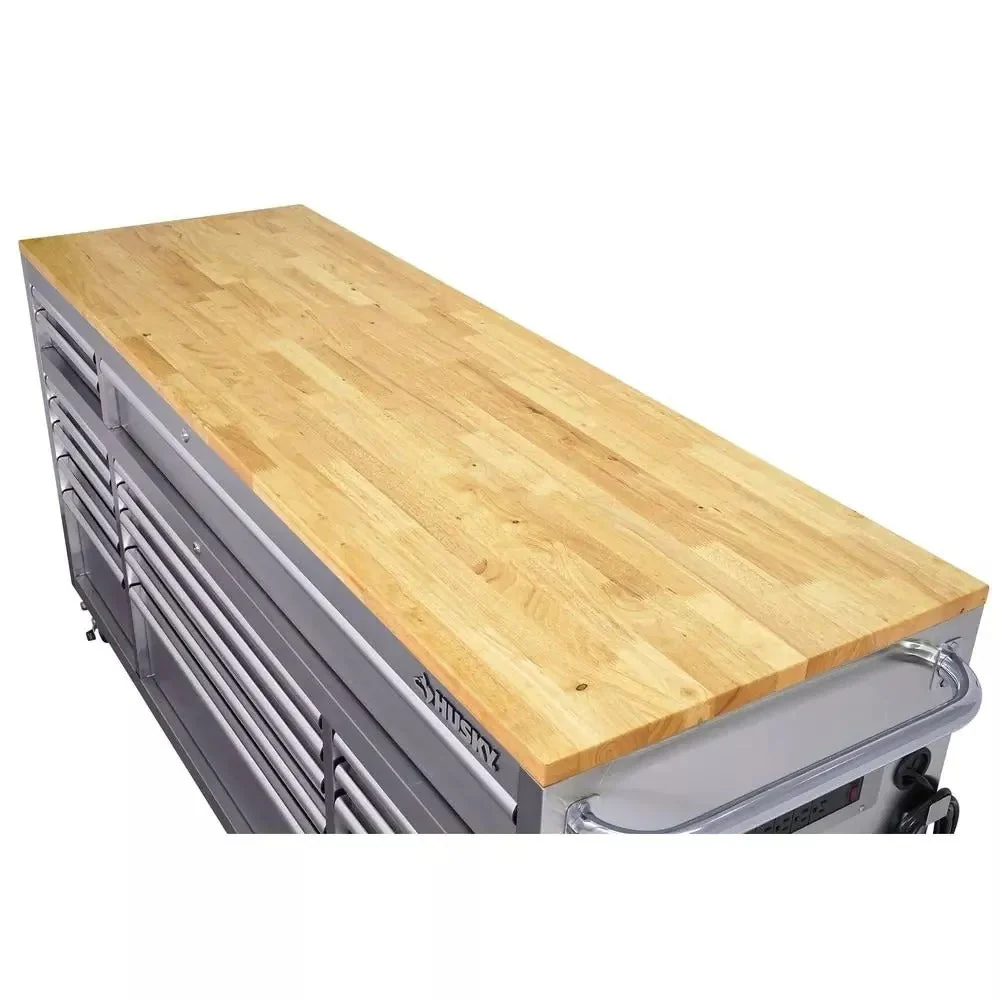 2025 72 in. 18-Drawer 24 in. D Mobile Workbench with Solid Wood Top Stainless Steel