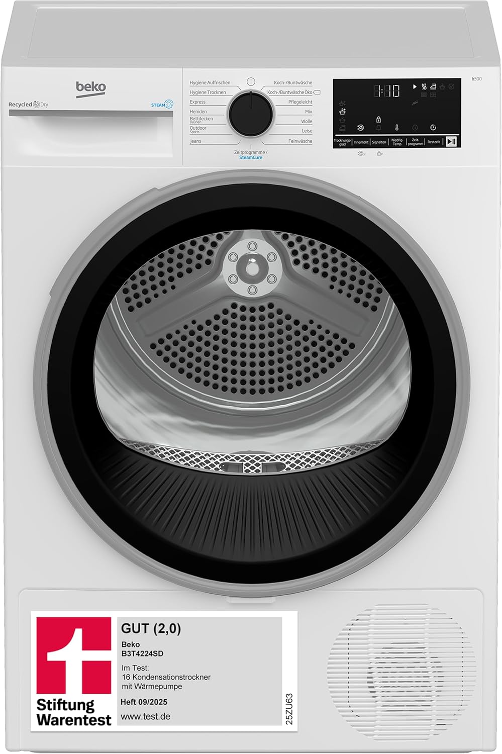 Beko B3T4224SD Wärmepumpentrockner, Wäschetrockner, 8 kg, allergikergeeignet, Hygiene Trocknen  und  Hygiene Auffrischen, SteamCure Dampffunktion, 15 Programme, Express, Weiß