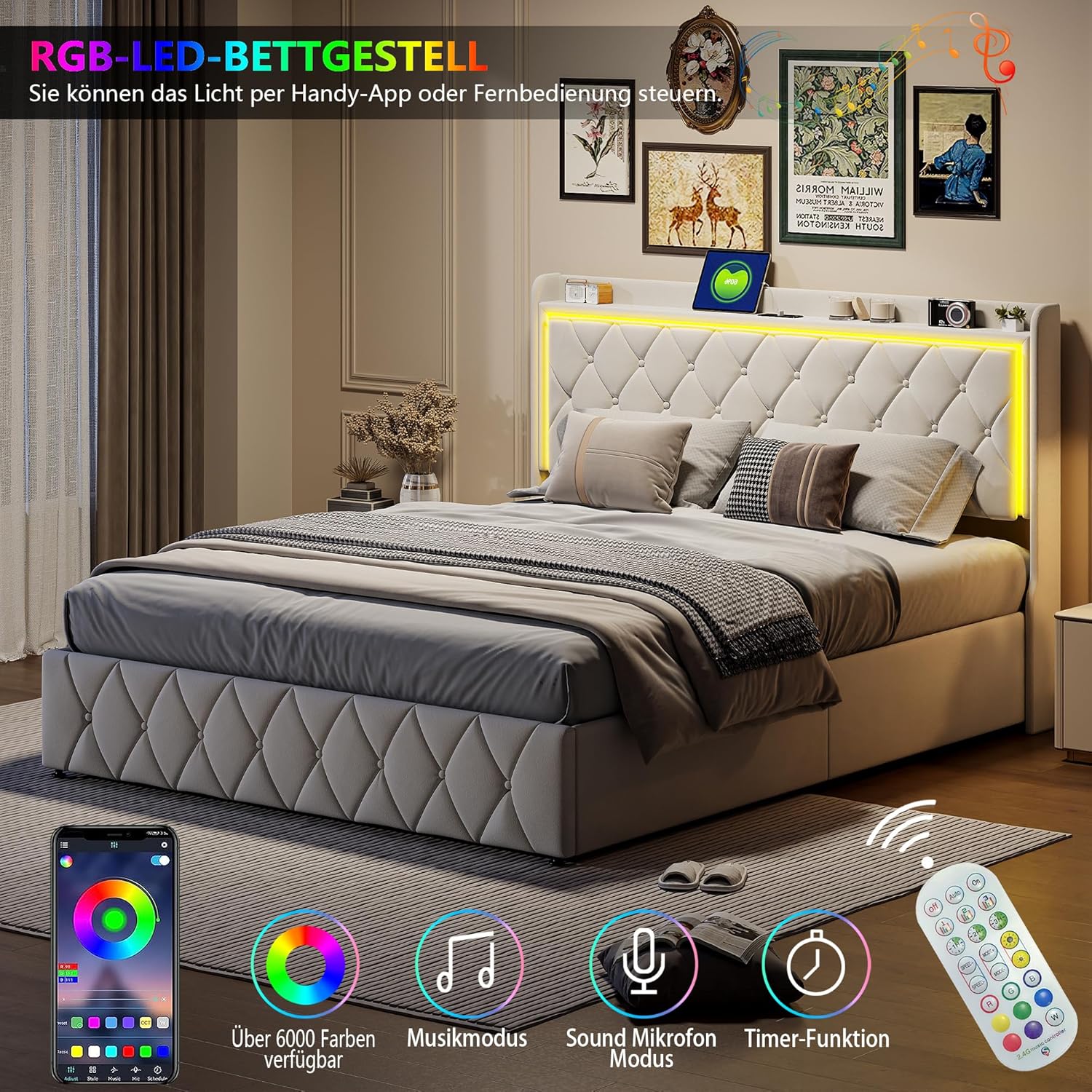 Bett 140x200 mit stauraum, Polsterbett mit LED-Kopfteil, Doppelbett mit USB und Lattenrost, Hydraulischem Stauraum und Metallrahmen, Jugendbett, Bettgestell, Boxspringbett, Samt Beige, Ohne Matratze