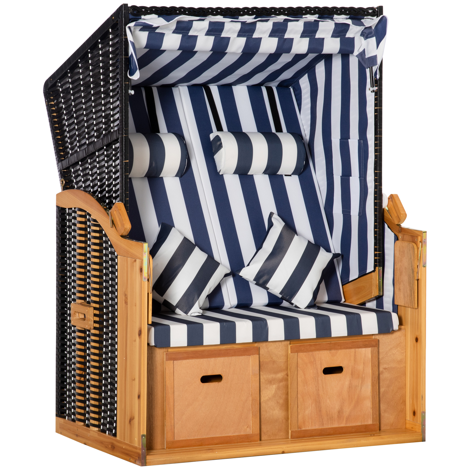 Outsunny strandstoel met dak rotan look klaptafel blauw 118 x 79 x 150 cm