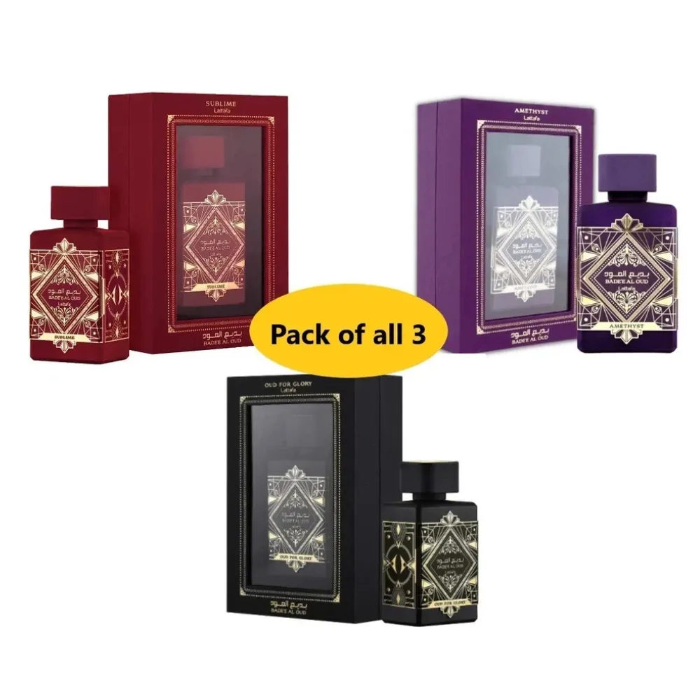 Badee Al Oud Bundle Pack Oud for Glory Amethyst Sublime EDP spray 100ml Lattafa
