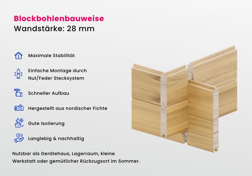 Gartenhaus Leandro-28 mit Fußboden aus Holz, Gerätehaus 394x268cm mit 28 mm Wandstärke in Naturbelassen