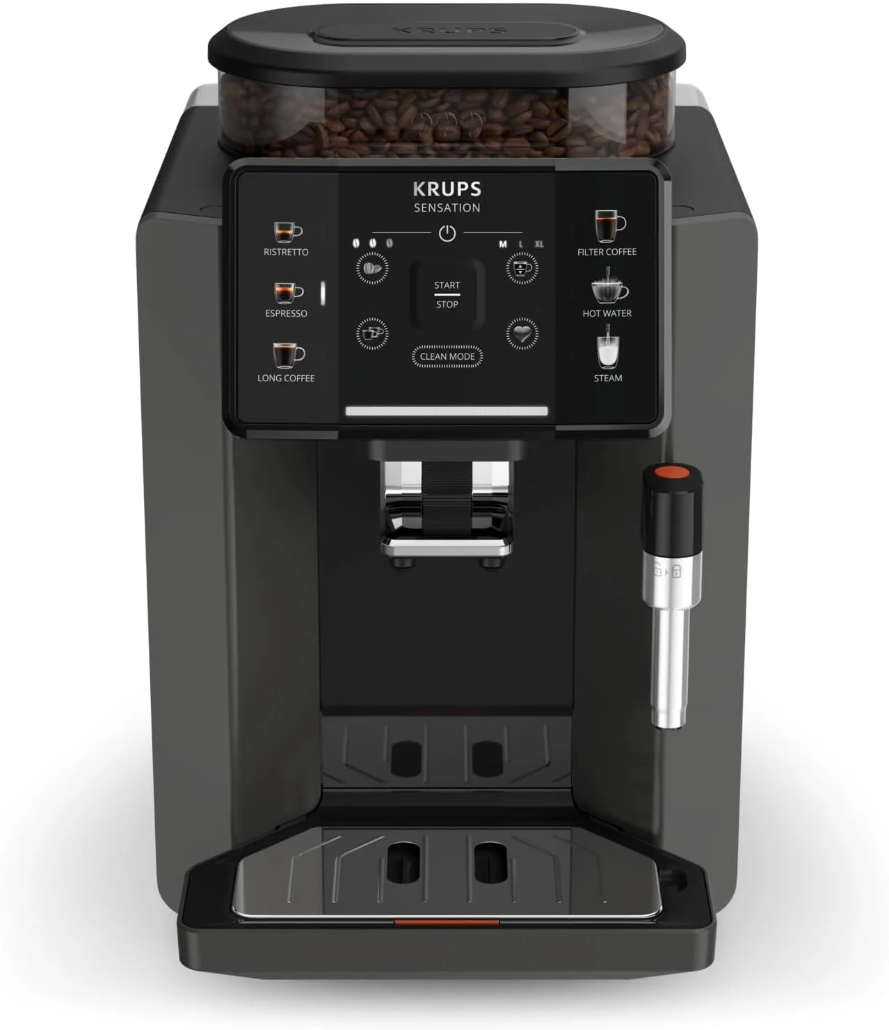 Krups Sensation volautomatische espressomachine, melkschuimmondstuk, 5 dranken, filterkoffiefunctie, 2-kopsfunctie, koffiezetapparaat, zwart, EA910810