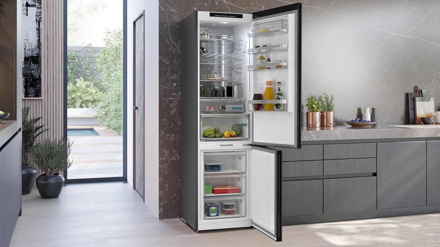 SIEMENS KG39N4X1F, iQ500, Freistehende Kühl-Gefrier-Kombination, Gefrierbereich unten, 363 l, Total noFrost, hyperFresh, extrem leise, LED Beleuchtung, 203 x 60 cm, Gebürsteter Stahl AntiFingerprint
