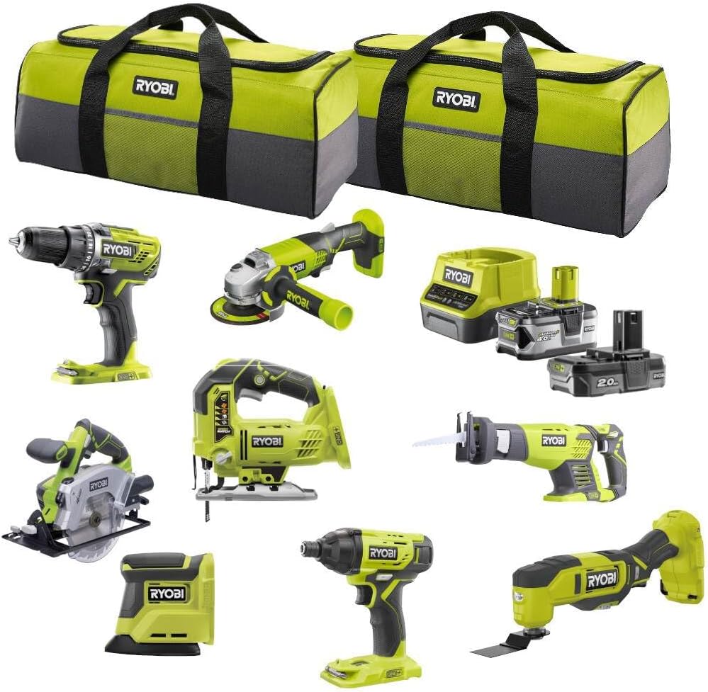 Combo-Kit, 8 Werkzeuge, Deltaschleifer, Bohrschrauber, Säbelsäge, Multitool, Stichsäge, Winkelschleifer, Handkreissäge, Schlagschrauber, Taschen, mit Akku und Schnellladegerät