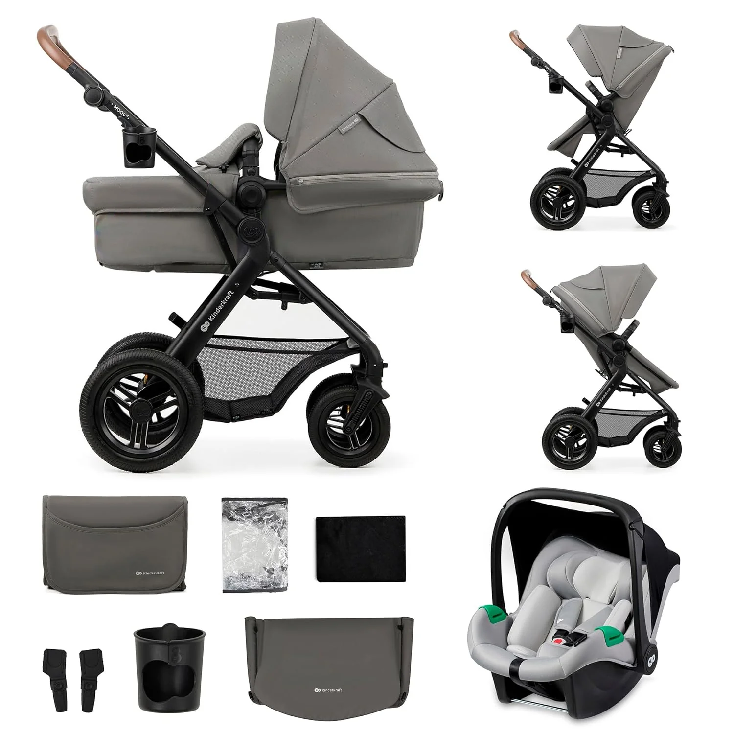 Kinderkraft MOOV2 AIR Kinderwagen 3 in 1 Kinderwagenset tot 26 kg met autostoel I-SIZE 40-75 cm, buggyfunctie, verstelbare ligstand, grote uitschuifbare kap, opblaasbare wielen, zwart