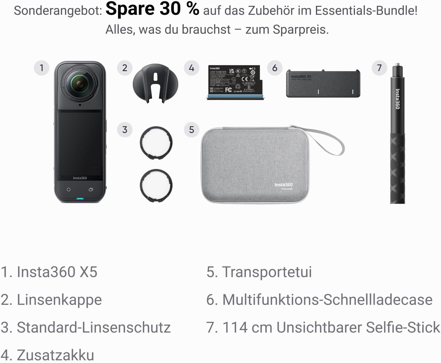 X5 Must-Have-Bundle - wasserdichte 8K 360°-Kamera, Führend bei wenig Licht, Unsichtbarer Selfie-Stick-Effekt, robuste & auswechselbare Linsen, 3 h Akku