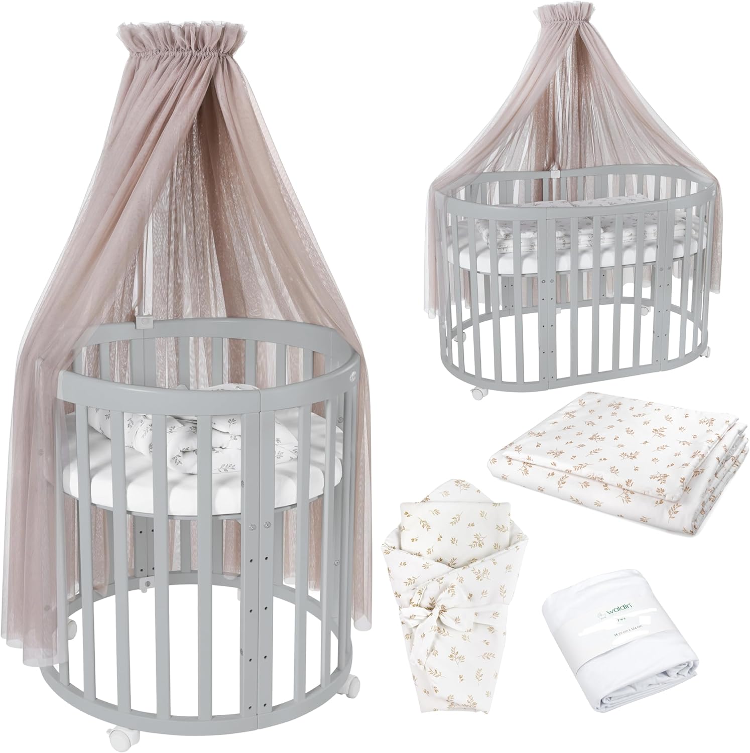 Waldin Oval Baby-Bett Mitwachsend Komplett Set 7in1, Gitterbett, Kinderbett mit Matratze, Wickelkommode, Beistellbett, Holz Weiß