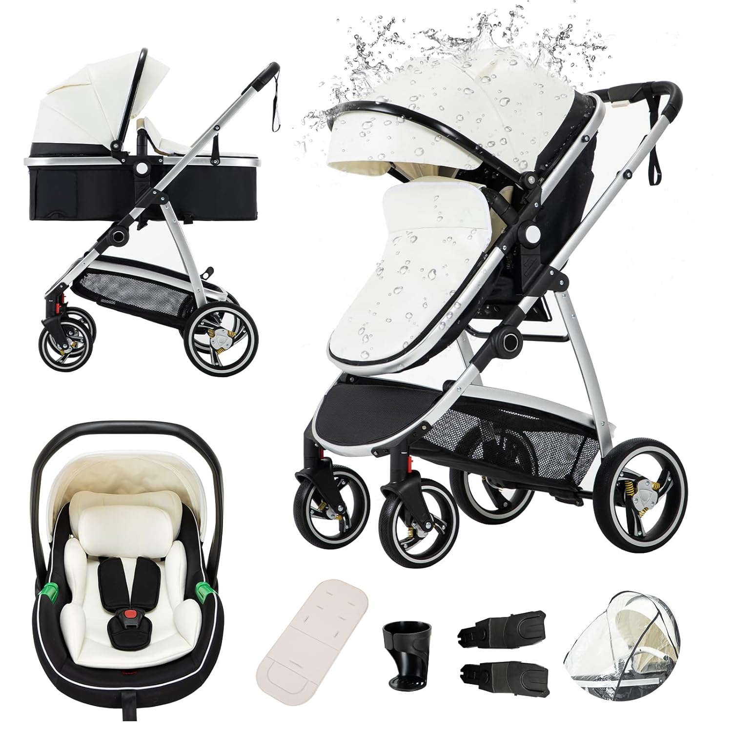 Gcarebb 3 in 1 Kinderwagen, Buggy Mit Auto Babyschale, Mit Höhenverstellbarer Kinderwagen Komplettset, KombiKinderwagen Mit Aluminiumrahmen für Neugeborene 0-4 Jahre