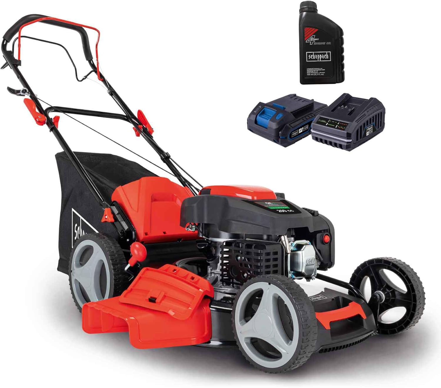 Scheppach Benzin Rasenmäher MS200-51E mit Radantrieb & E-Start | 51cm Schnittbreite | 5,2 PS | 65L Korb | 7 Stufen Höhenverstellung | Seitenauswurf & Reinigungsfunktion | Mulchfunktion | inkl. Motoröl