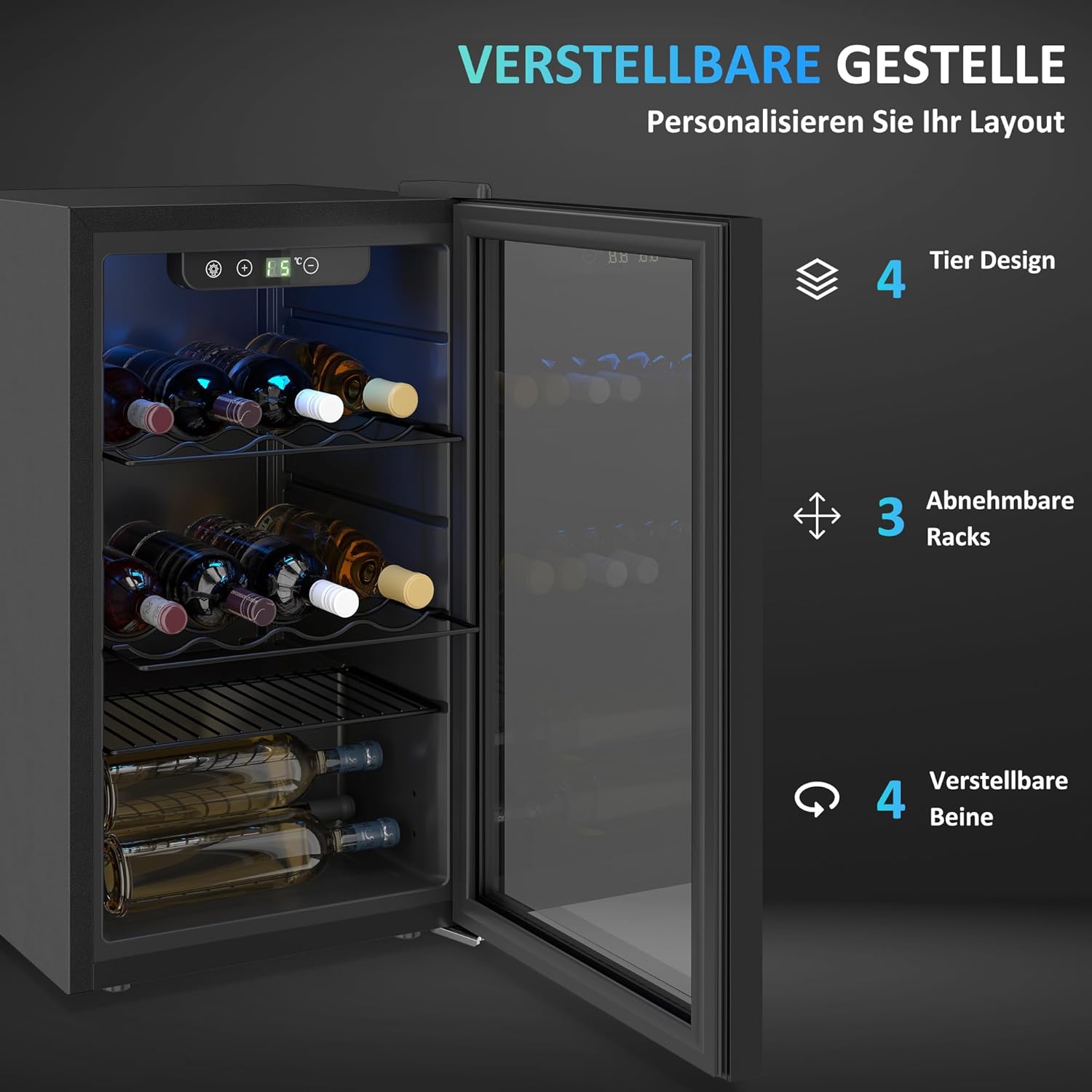 HOMCOM Weinkühlschrank 24 Flaschen, 68 Liter Weinschrank Klein, Getränkekühlschrank Flaschenkühlschrank mit Doppelglas-Tür, 4-16°C, LED-Beleuchtung, Digitalem Touchscreen, Wine Fridge, Schwarz