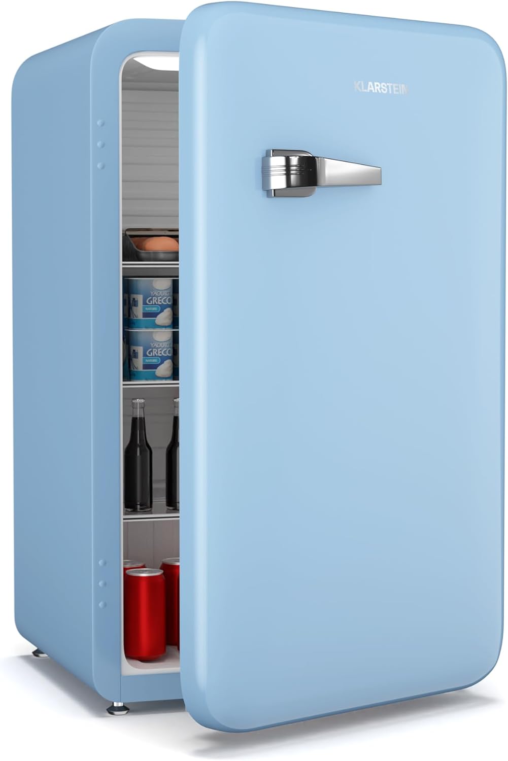 Klarstein Audrey Evo 112L Retro Mini-Kühlschrank - Leise 40 dB, Flexibel Mit Wendetür & Verstellbaren Füßen, Kompakter Kleiner Kühlschrank Für Schlafzimmer & Büros, Blau