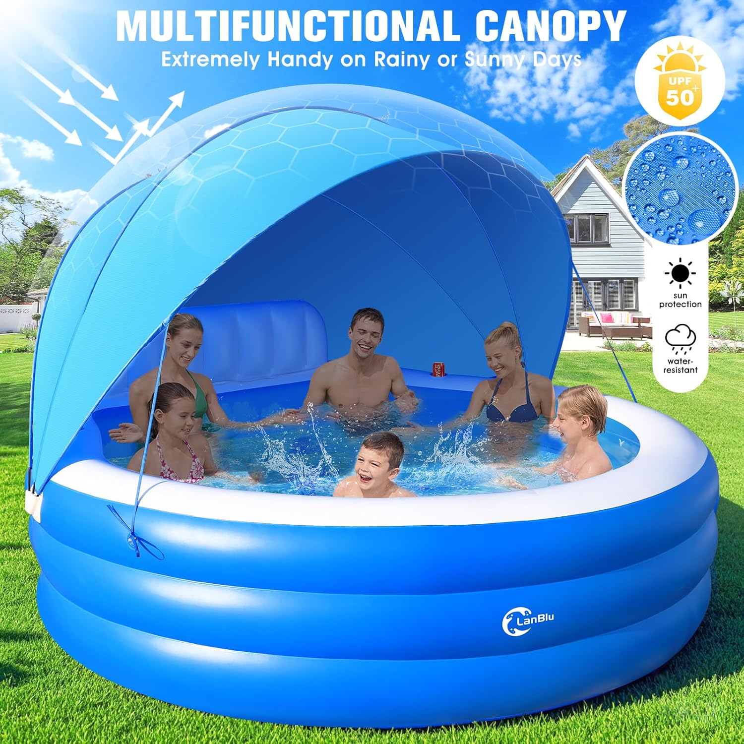 2025 Upgraded Inflatable Pool with Canopy. Inflatable Family Lounge Pool. Round Blow Up Pool for Adult with Bench & Backrest. Swim Center Easy Backyard Pools for Kids & Adults. 92x92x26. Blue