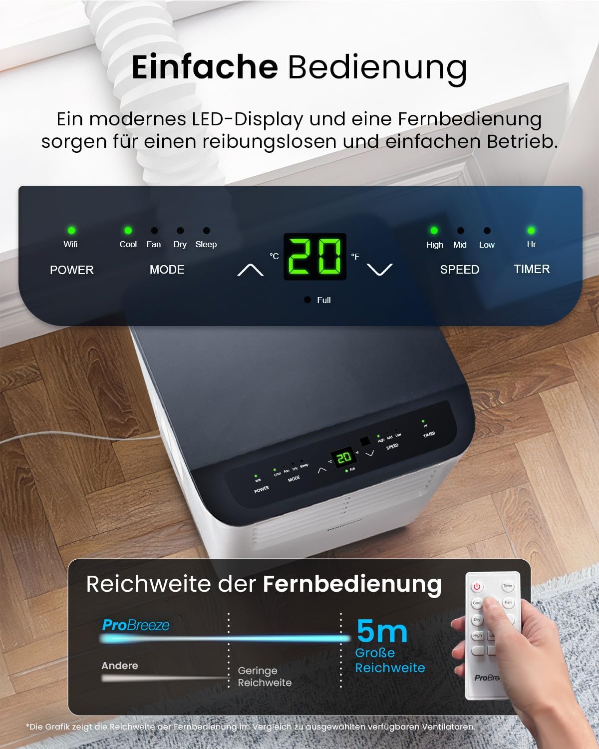 Pro Breeze 12000 BTU Mobile Klimaanlage (Räume bis 50㎡) – Klimaanlage mobil mit App-Steuerung, Timer & LED-Display – inkl. Fensterabdichtung & Abluftschlauch – Mobiles Klimagerät für Zuhause & Büro