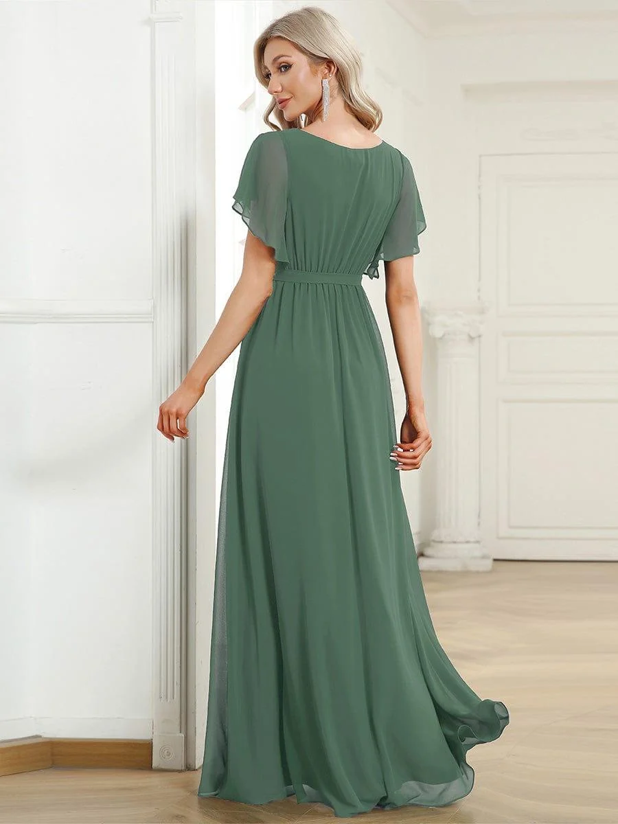 Abendkleid Damen Maxi A-Linie aus Chiffon | Festliches Kleid f��r Hochzeitsg?ste mit V-Ausschnitt und Fl��gel?rmeln