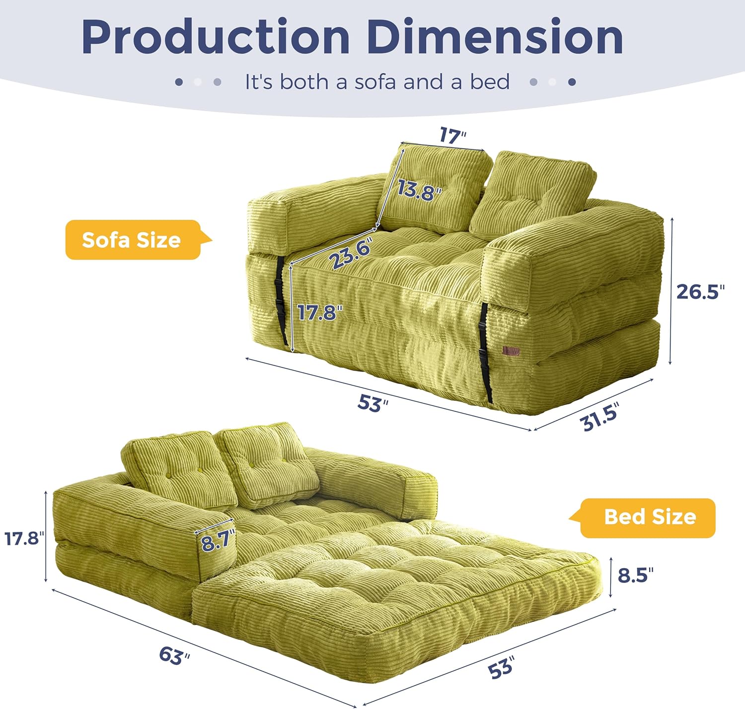 Folding Sofa Bed L-Shaped Convertible Sofa Bed with Armrests and Pillows
