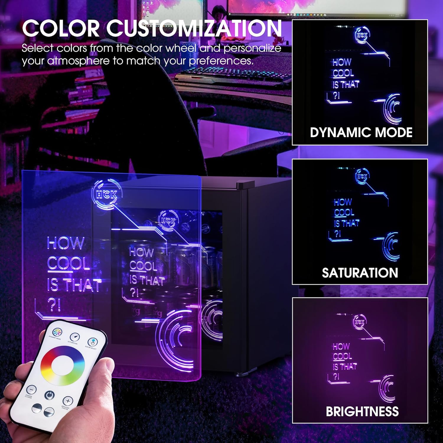 HCK 48L Mini Kühlschrank mit Glastür Leise 39dB, Cyberpunk Getränkekühlschrank mit Fernsteuerbaren RGB LED Lichtern, Flaschenkühlschrank, Mini Fridge 0-15°C für Gaming Deko, Minibar, Schwarz
