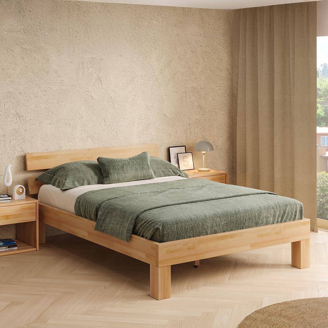 skølm Floki Massivholzbett 140x200 cm aus Buche - hochwertiges Bettgestell - Bettrahmen mit Bettkopf - Holzbett in Natur geölt - Bett 140x200 cm geeignet als Doppelbett - Futonbett
